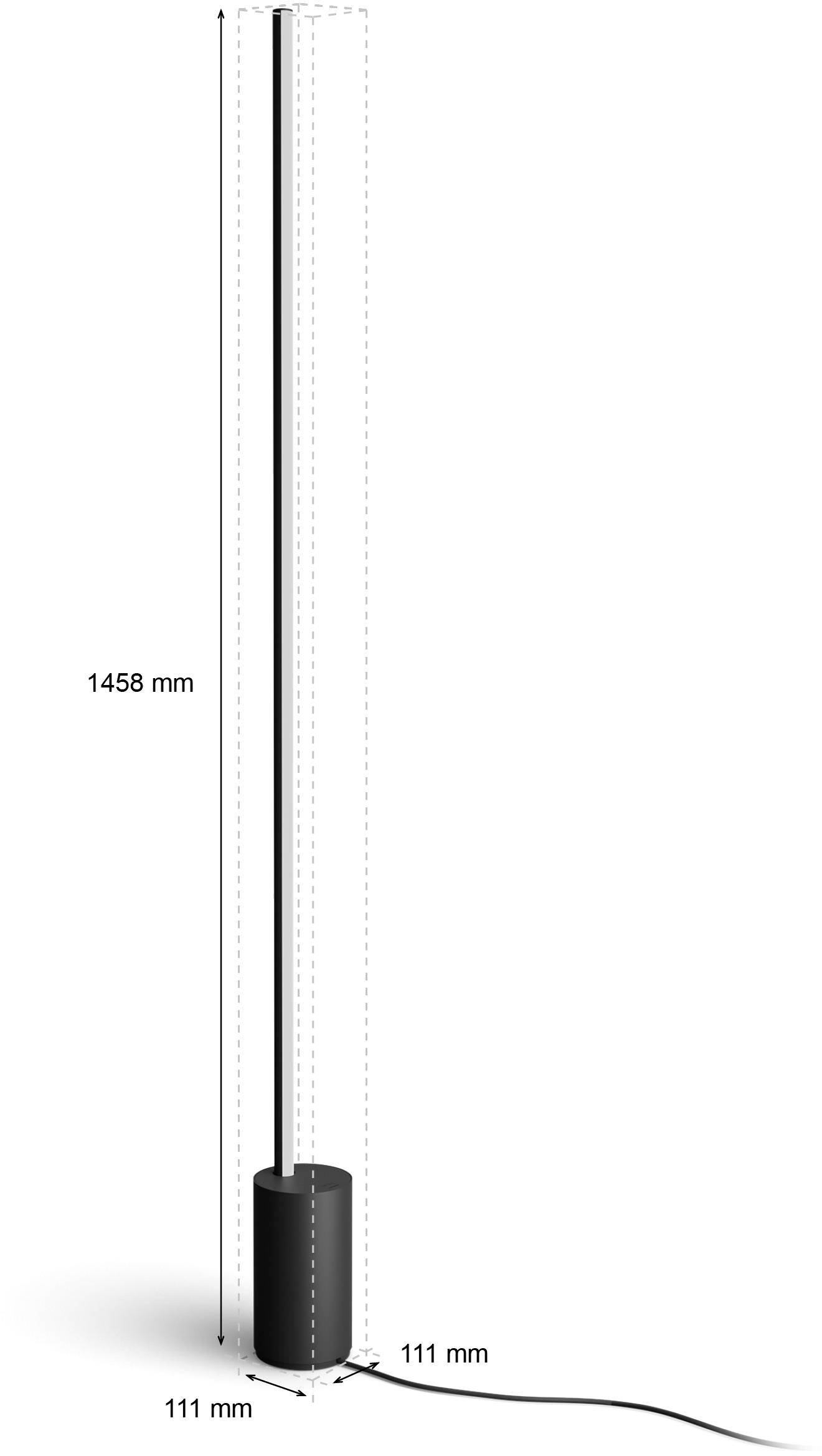 Stehleuchte mit einer Höhe von 1458 mm und einem Durchmesser von 111 mm. Die Basis ist rund und schwarz mit einem Stromkabel.