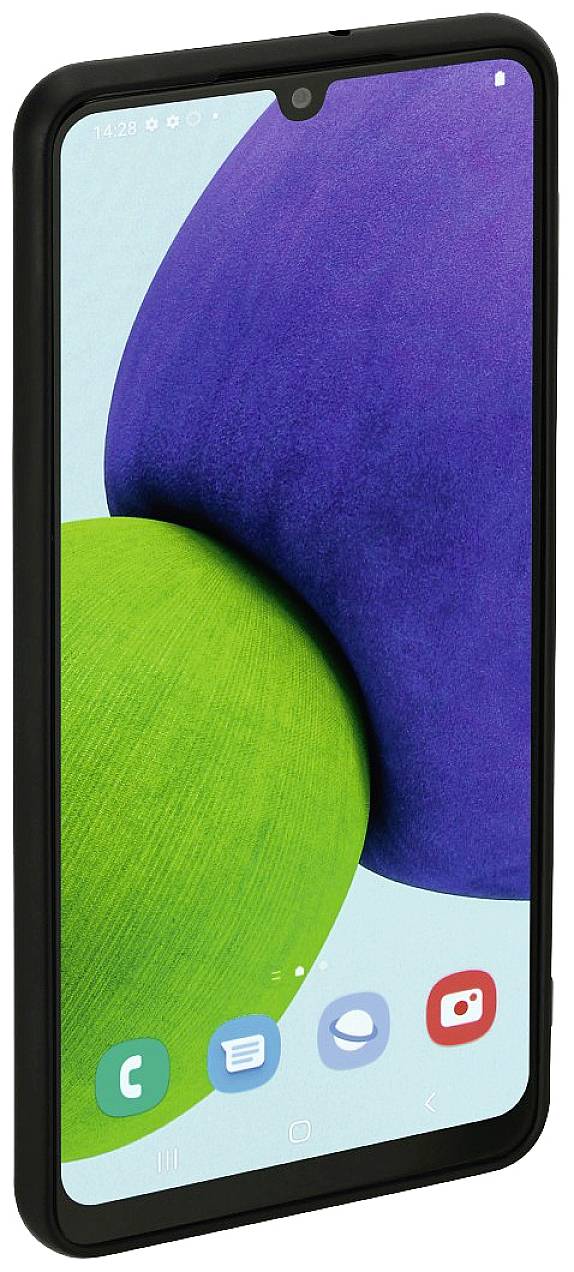 Smartphone mit grünem und blauem Hintergrund auf dem Display; Symbole für Telefon, Nachrichten, Kamera und Galerie sichtbar unten.