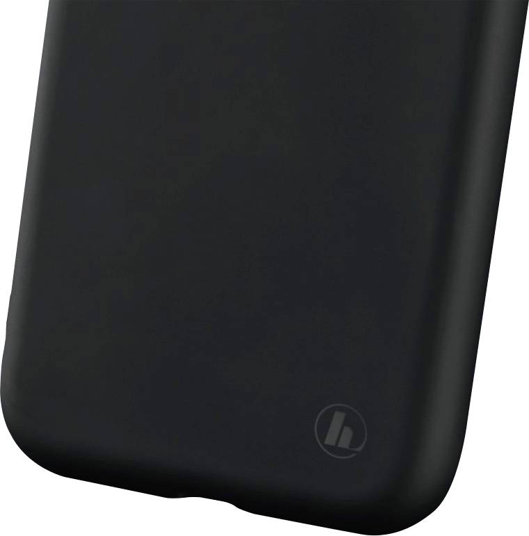 Schwarze Handyhülle mit abgerundeten Ecken und kleinem Logo unten rechts.
