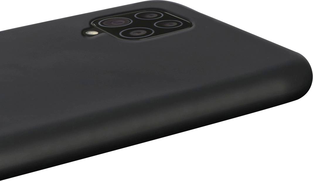 Ein schwarzes Smartphone mit vier Kameras auf der Rückseite, leicht schräg von unten aufgenommen, zeigt ein modernes Design.