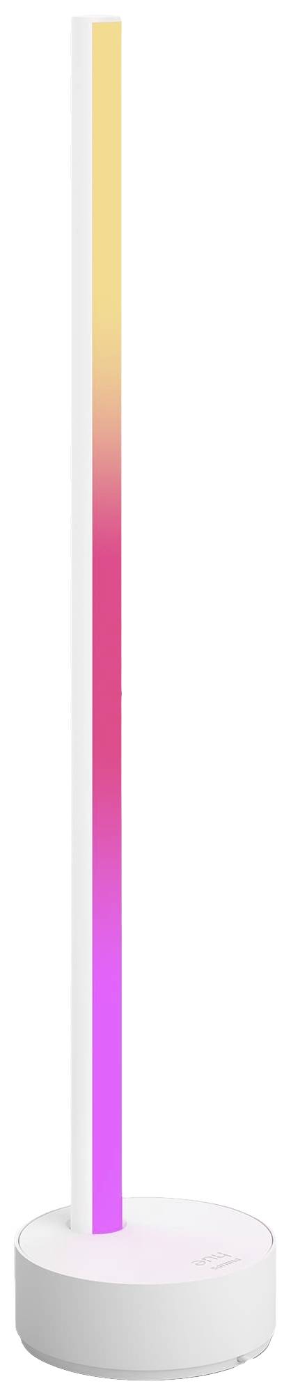 Stehlampe mit Farbwechsler-LEDs, die von gelb zu pink verlaufen, auf rundem weißen Sockel.