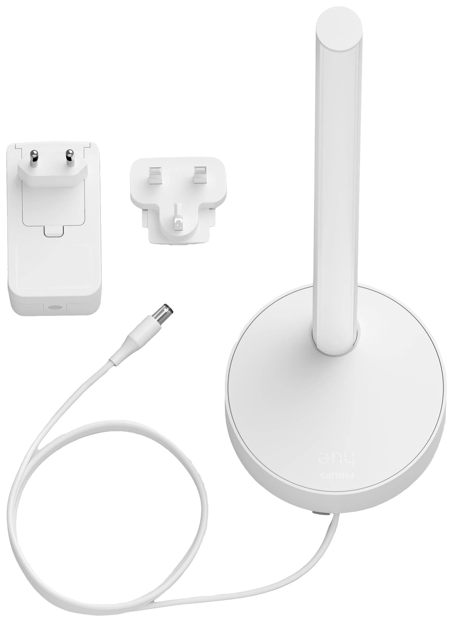 Ein runder, weißer WLAN-Router mit aufrechter Antenne und Netzteil. Zubehör umfasst zwei austauschbare Steckeradapter.