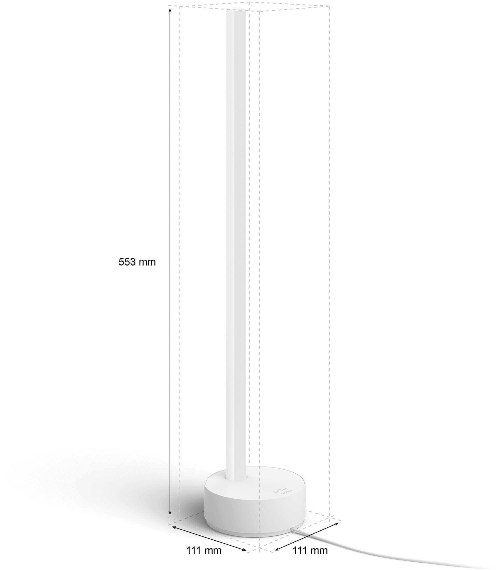 Weiße Tischlampe mit zylindrischem Fuß, 553 mm hoch und 111 mm breit. Kabel verläuft vom Sockel. Minimalistisches Design.