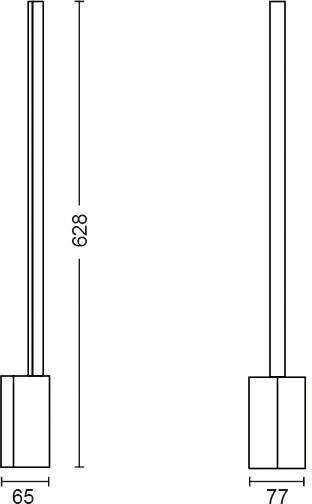 Strichzeichnung von zwei vertikalen Linien mit quadratischen Basen; eine Linie ist 65 mm, die andere 77 mm breit; Höhe 628 mm.