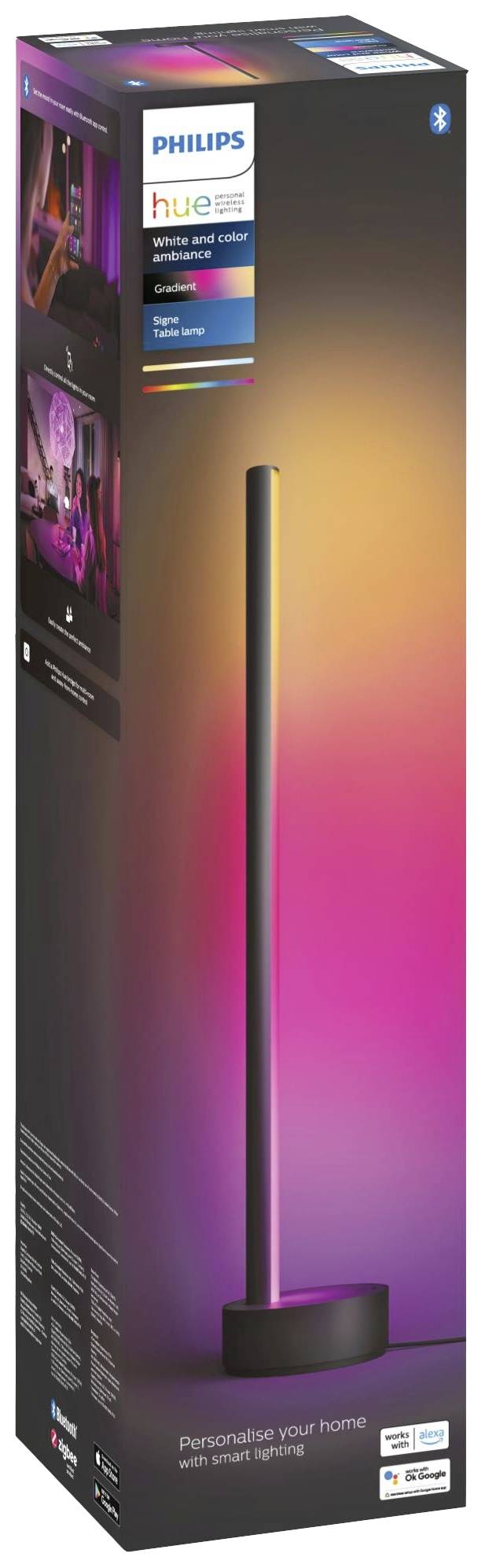 Philips Hue Stehleuchte in Originalverpackung, zeigt Farbwechselmöglichkeit. Verpackungsgrafik und Logo sichtbar.