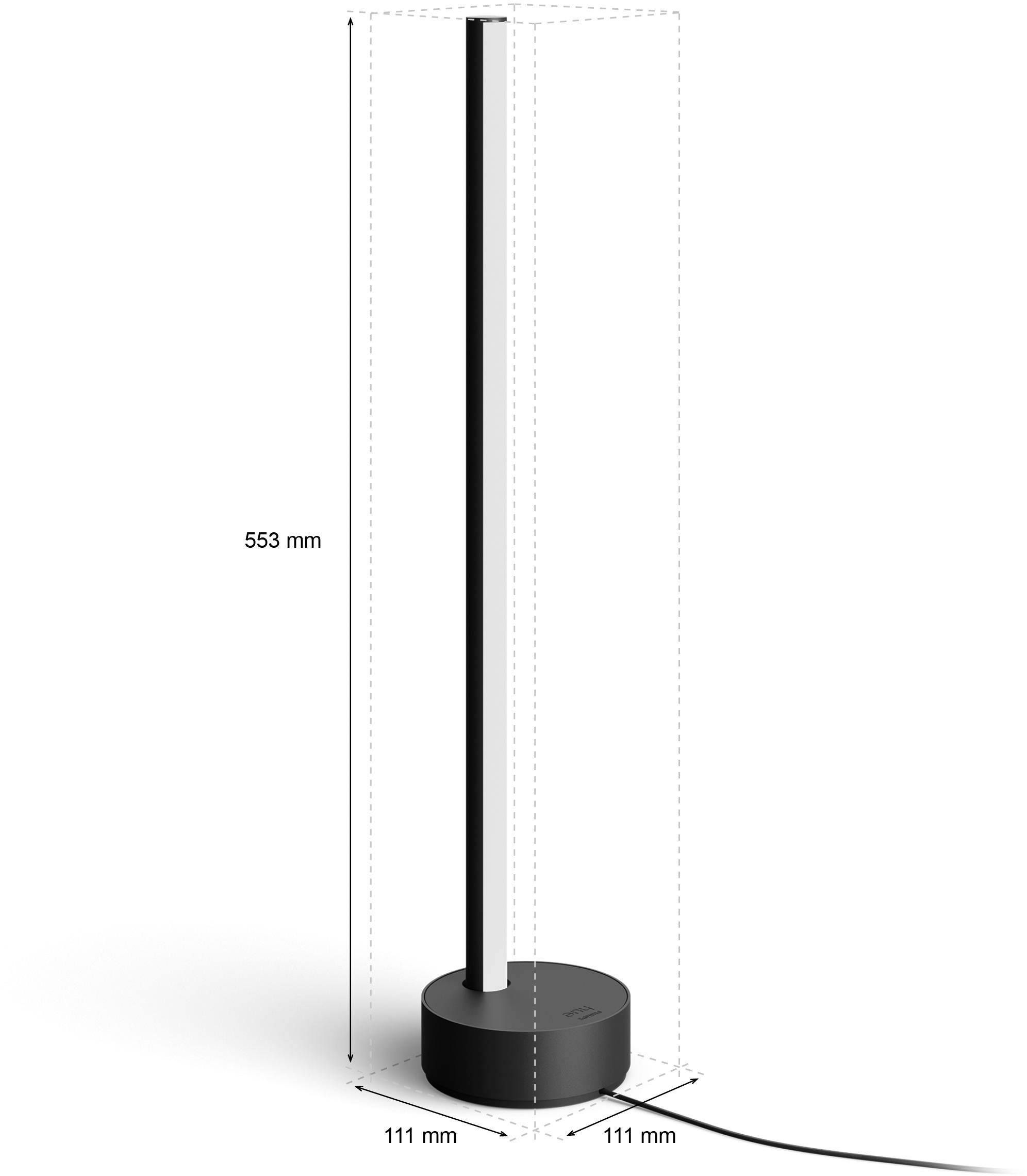 Stehleuchte mit schlankem, modernem Design auf rundem Sockel. Höhe 553 mm, Breite und Tiefe 111 mm. Stromkabel an der Basis.