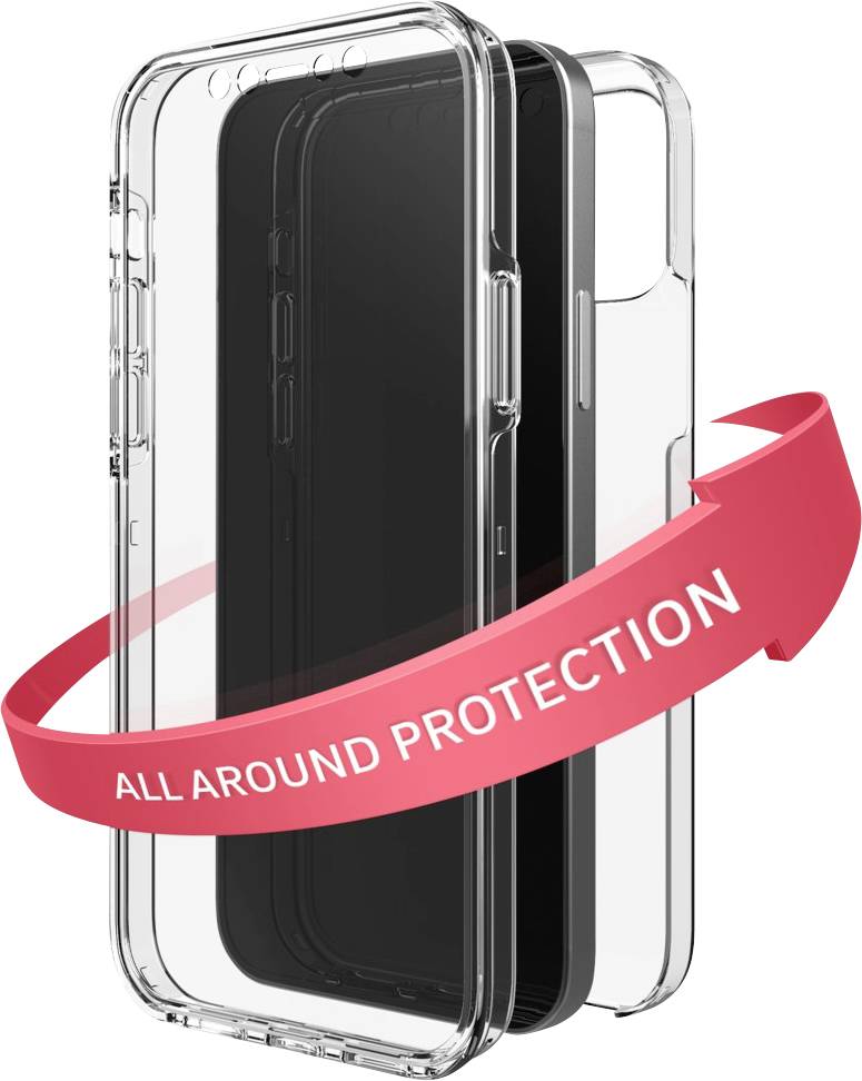 Transparente Handyhülle mit rotem Band, das 'All Around Protection' anzeigt, bietet vollständigen Schutz für ein Smartphone.