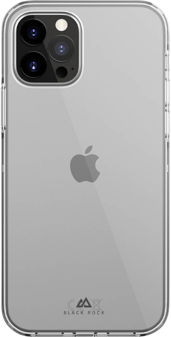 Sichtbare Rückseite eines modernen Smartphones mit einem Apple-Logo, drei Kameraobjektiven und einem durchsichtigen Schutzgehäuse.