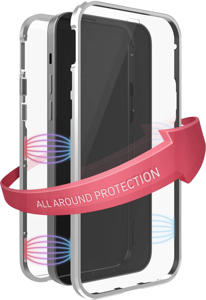 Durchsichtige Handyhülle mit rotem Pfeil, der 'ALL AROUND PROTECTION' anzeigt; schützt das Smartphone umfassend.