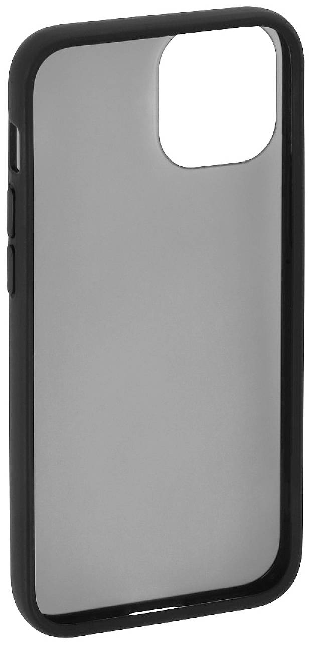 Ein graues, transparentes Smartphone-Case mit schwarzem Rand und Aussparung für Kamera. Geeignet für Pro-Modelle.