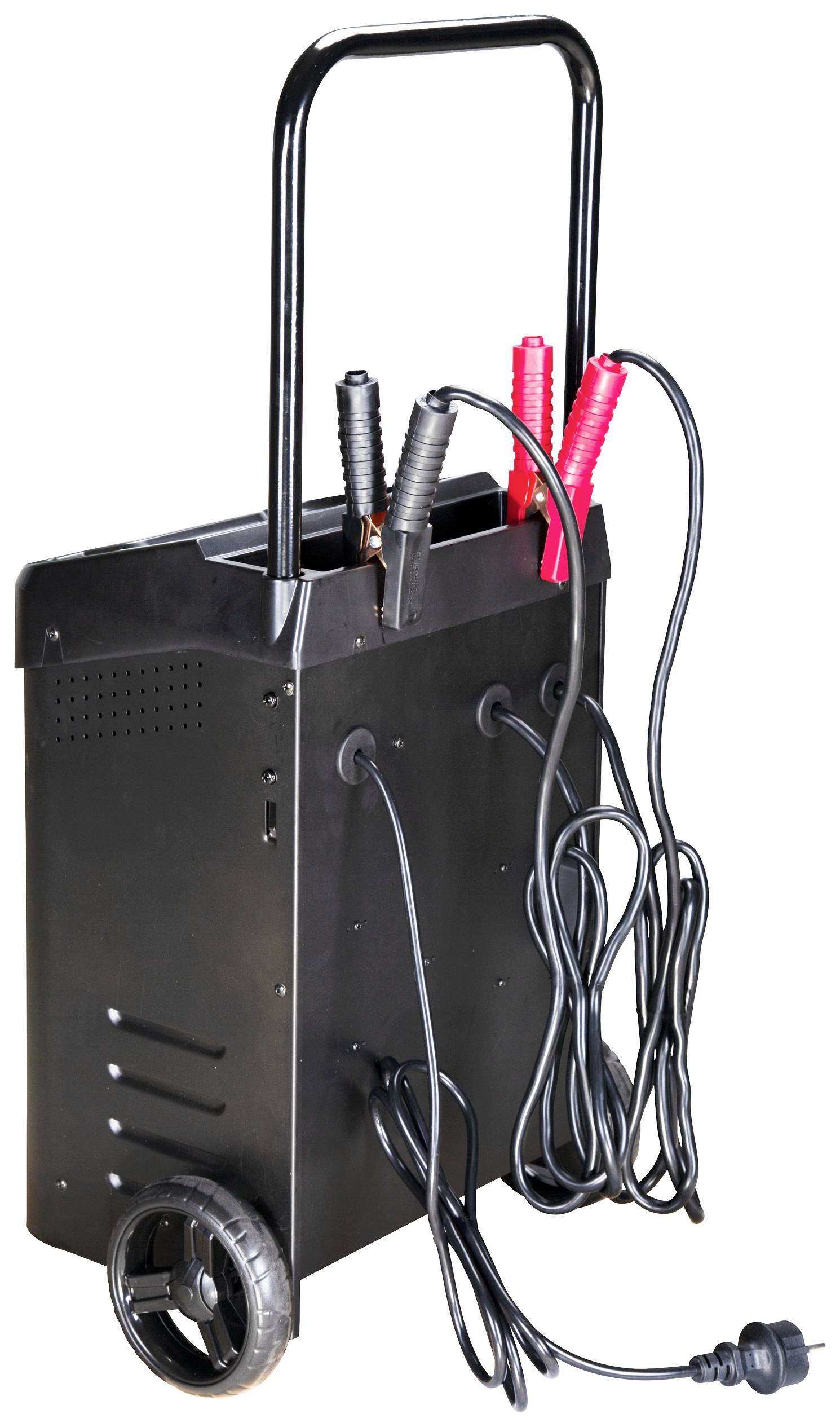 Ein schwarzes Ladegerät auf Rädern mit Griff, vorne rote und schwarze Klemmen und Kabel, rechtsseitig ein Netzkabel.