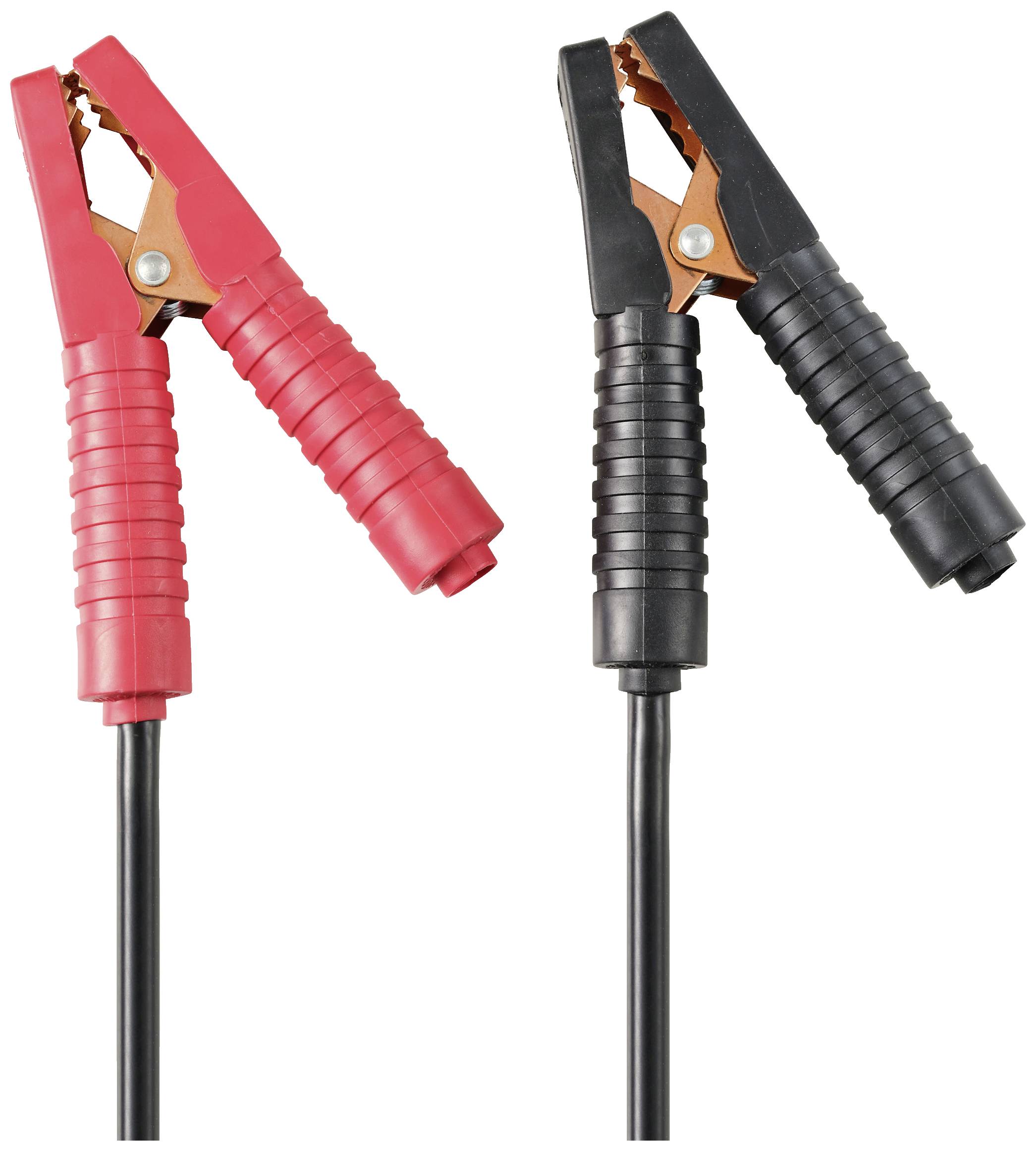 Zwei Autobatterie-Kabel mit Krokodilklemmen: eine rote und eine schwarze. Sie werden verwendet, um Batterien zu überbrücken.