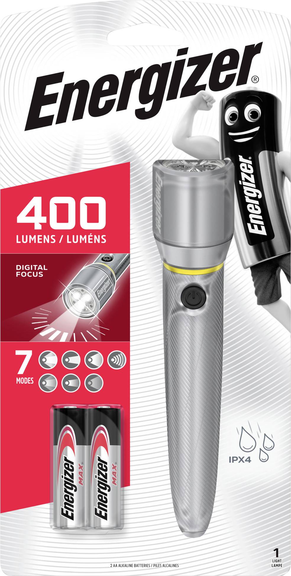 Taschenlampe von Energizer mit 400 Lumen, digitalem Fokus, sieben Modi und IPX4-Schutz. Zwei AA-Batterien enthalten.
