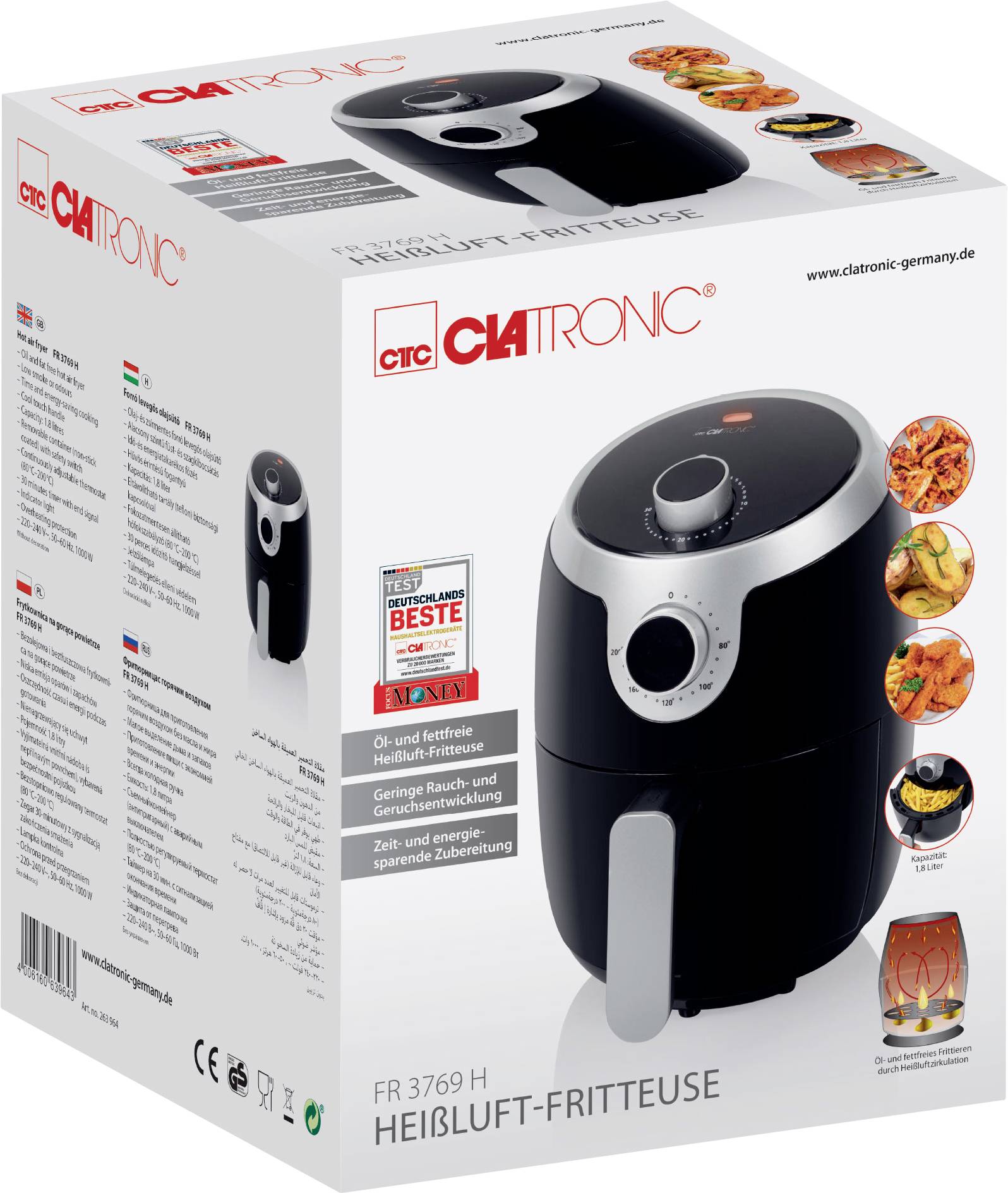 Clatronic FR 3769 H Heißluft-Fritteuse 1.8l 1000W Schwarz, Silber