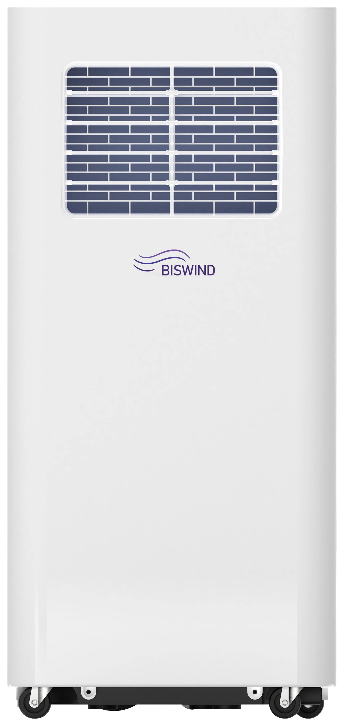 Ein weißer tragbarer Luftkühler mit Lüftungsgitter oben und dem Logo 'BISWIND'. Befindet sich auf Rollen für einfache Bewegung.