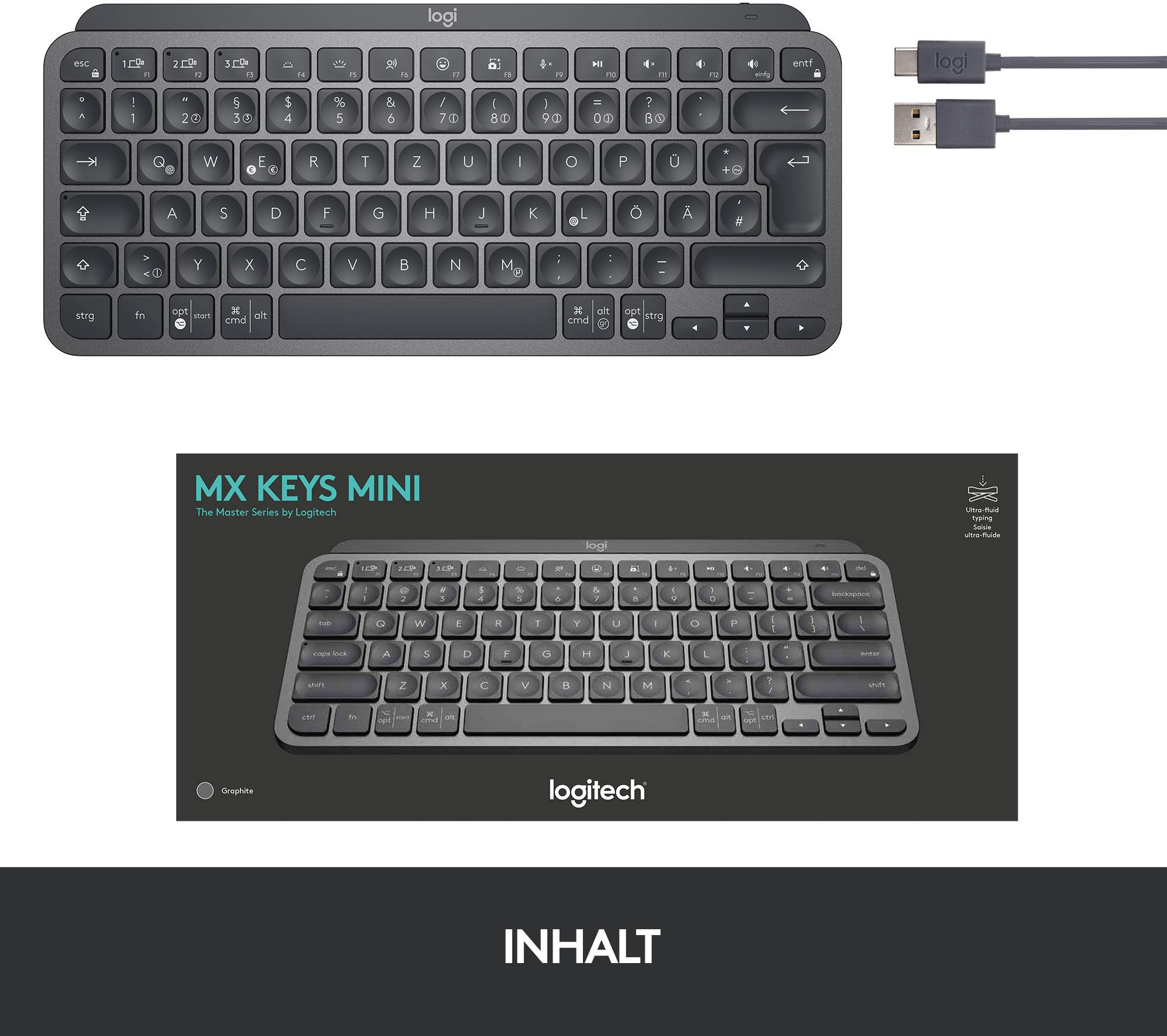 Logitech MX Keys Mini Bluetooth® Tastatur Deutsch, QWERTZ Graphit Beleuchtet, Geräuscharme Tasten