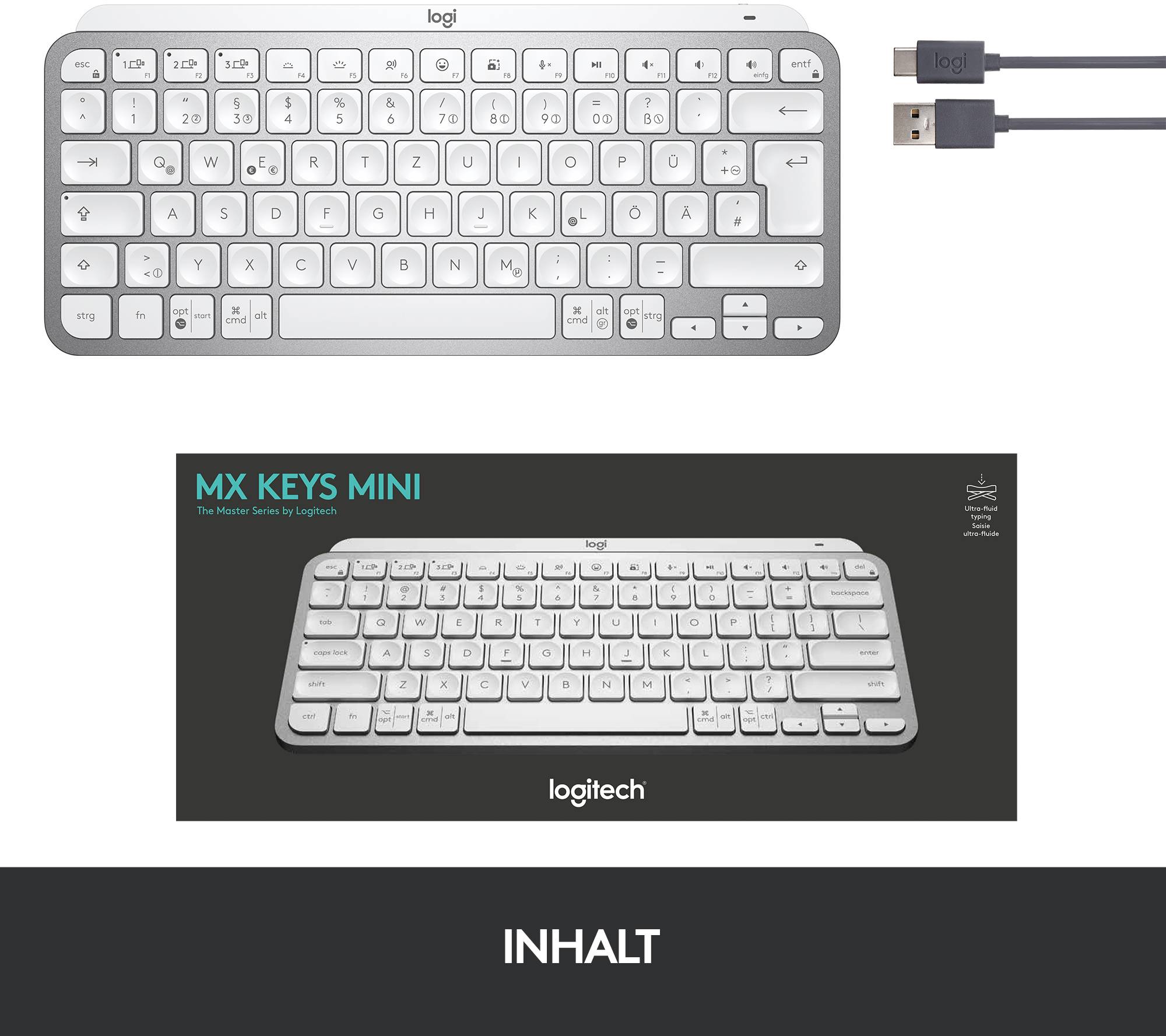 Oben eine weiße kabellose Tastatur mit USB-Empfänger, unten Produktverpackung für 'Logitech MX Keys Mini'.