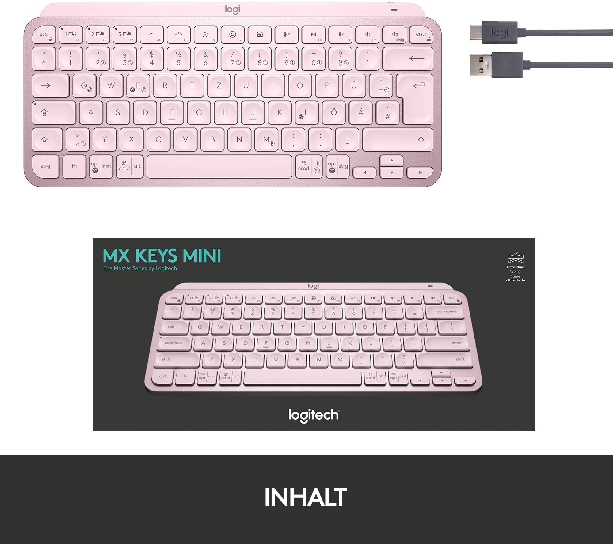 Logitech MX Keys Mini Bluetooth® Tastatur Deutsch, QWERTZ Rose Beleuchtet, Geräuscharme Tasten, Multipair-Funktion, Wiederaufladbar