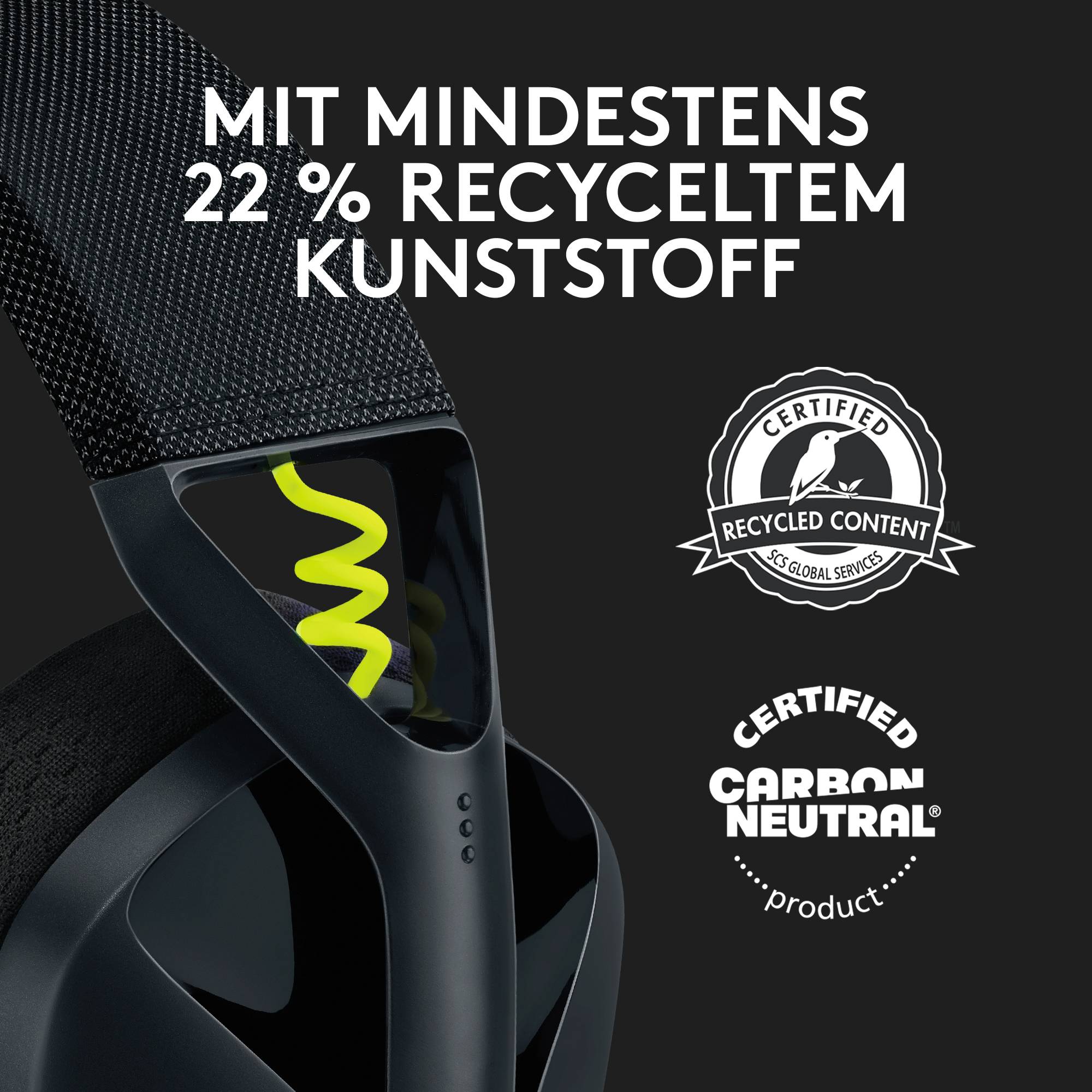 Nahaufnahme eines Fahrradrahmens mit Text: 'Mit mindestens 22 % recyceltem Kunststoff', daneben Siegel 'Certified Content' und 'Carbon Neutral'.
