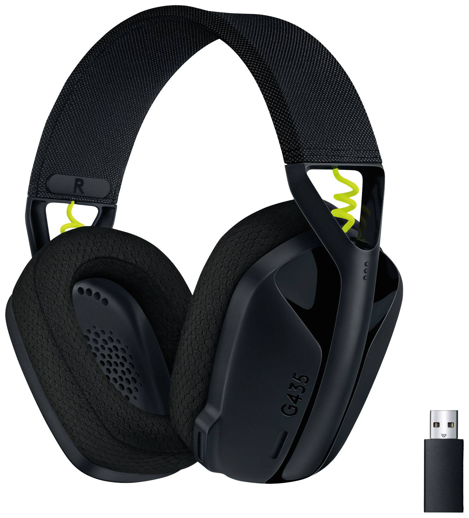 Kabellose schwarze Over-Ear-Kopfhörer mit USB-Empfänger, Modellnummer G435. Ideal für Gaming oder Musik hören.