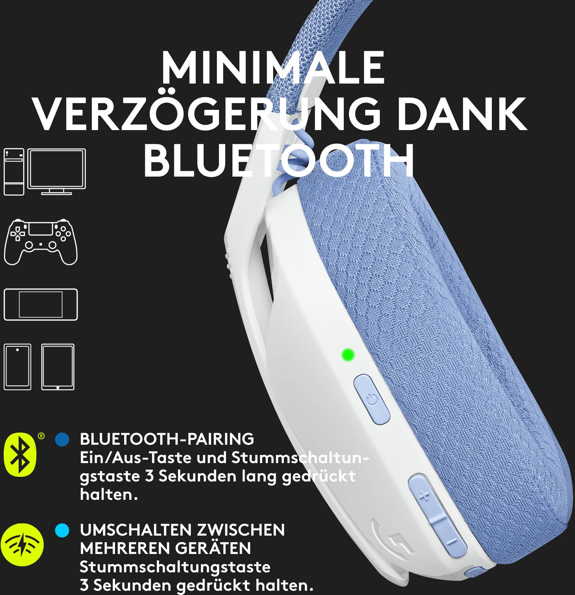 Logitech G435 LIGHTSPEED Gaming Over Ear Headset Bluetooth® Stereo Weiß Lautstärkebegrenzung
