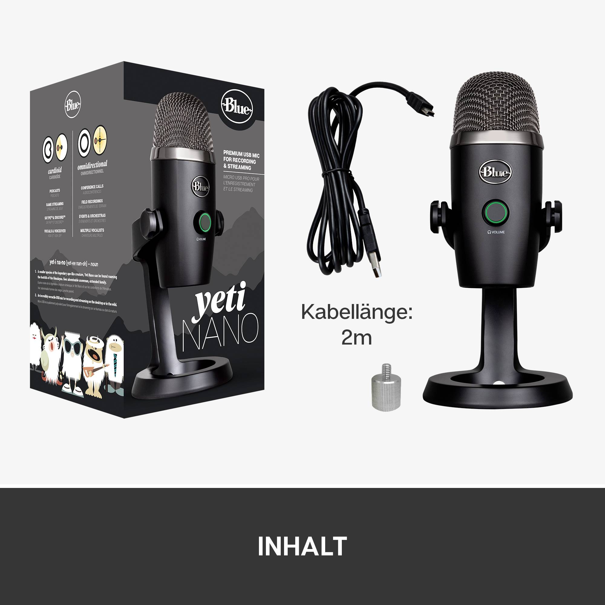 LOGITECH - Blue Microphones Yeti Nano, Tischmikrofon, 20 - 20000 Hz, 0,5%, 24 Bit, 48 kHz, 4,5 mV/Pa