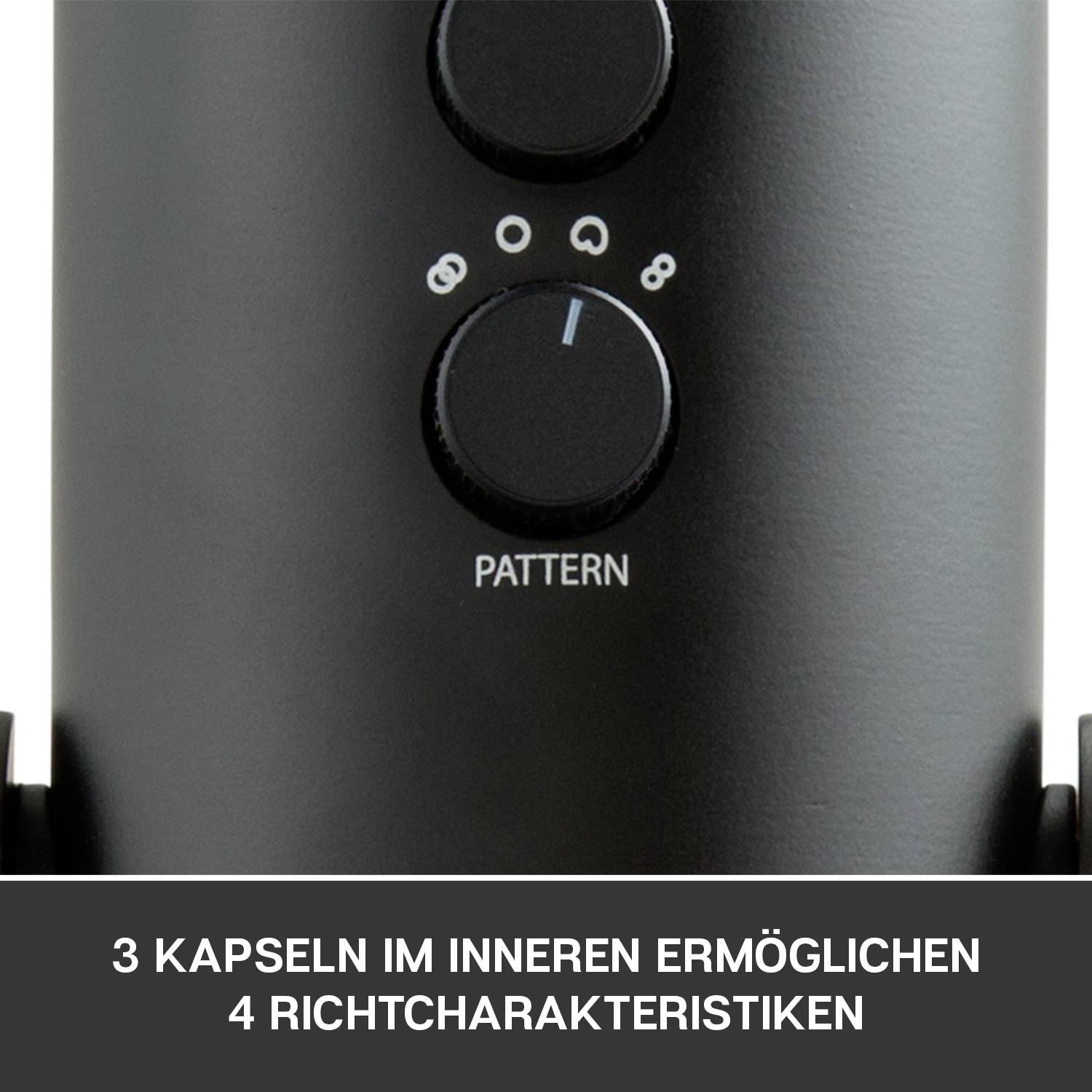 Nahaufnahme eines Mikrofons mit zwei Schaltern. Der obere Schalter zeigt ein Punktesymbol mit Pfeil, der untere 'PATTERN'. Text darunter: '3 KAPSELN IM INNEREN ERMÖGLICHEN 4 RICHTCHARAKTERISTIKEN'.