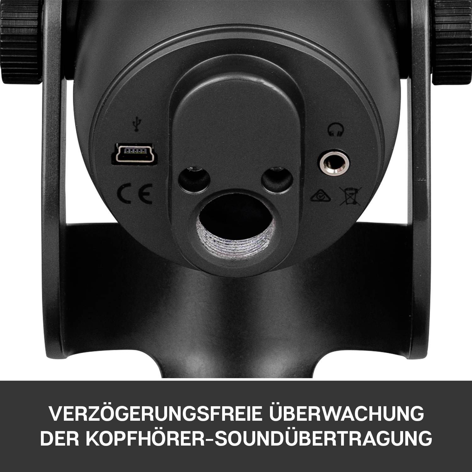 Mikrofon mit Frontansicht, zeigt Anschlüsse und Bedienelemente. Text darunter: 'Verzögerungsfreie Überwachung der Kopfhörer-Soundübertragung'.