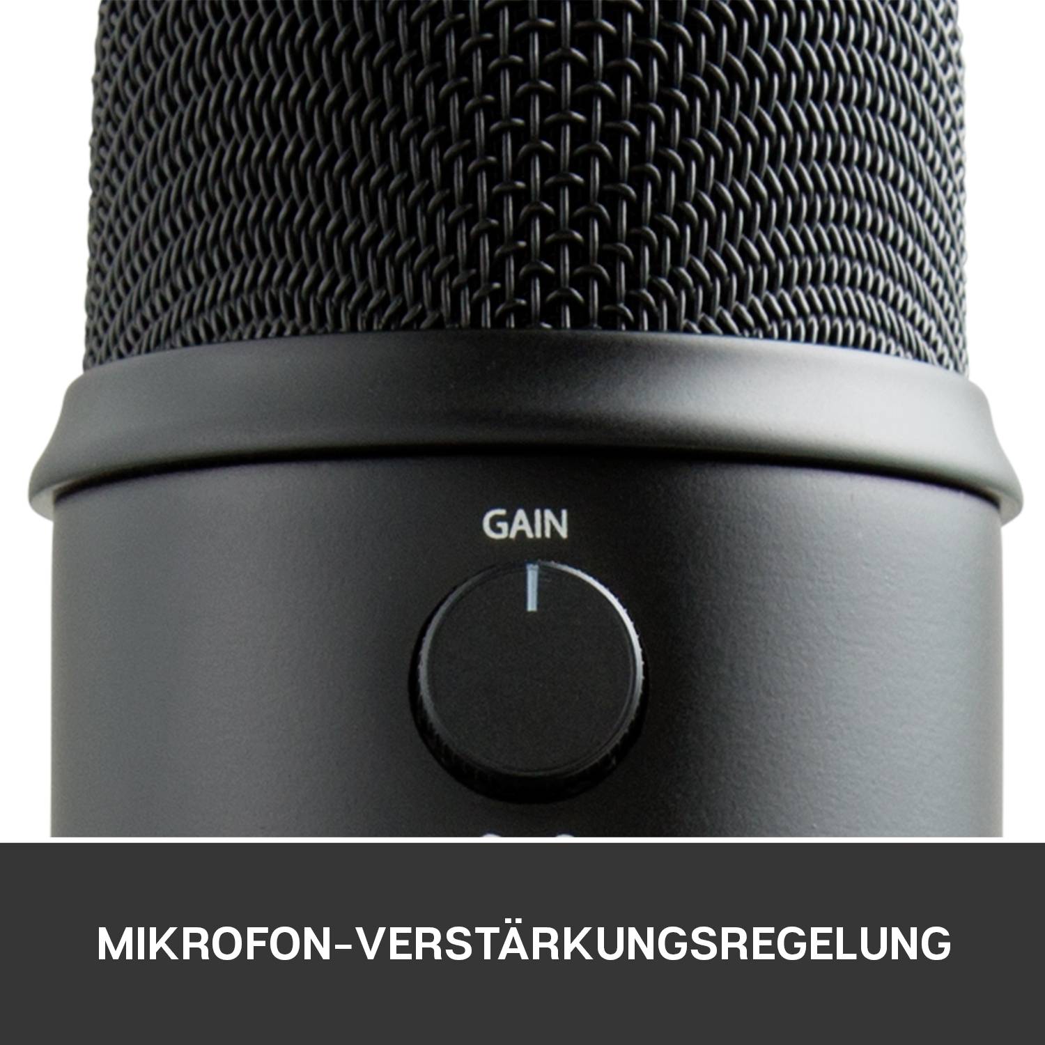 Ein Mikrofon mit einem Verstärkungsregler auf der Vorderseite. Darunter steht in weißer Schrift 'MIKROFON-VERSTÄRKUNGSREGELUNG'.