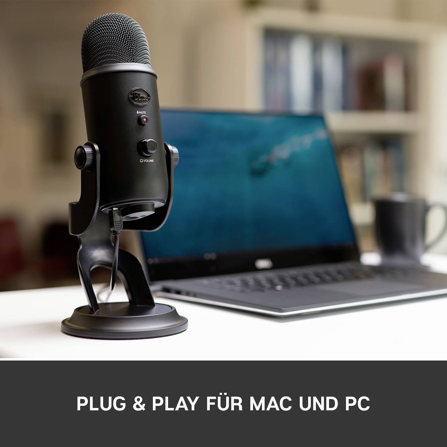 Ein Mikrofon steht vor einem Laptop auf einem Tisch. Der Text im Bild lautet 'PLUG & PLAY FÜR MAC UND PC'.