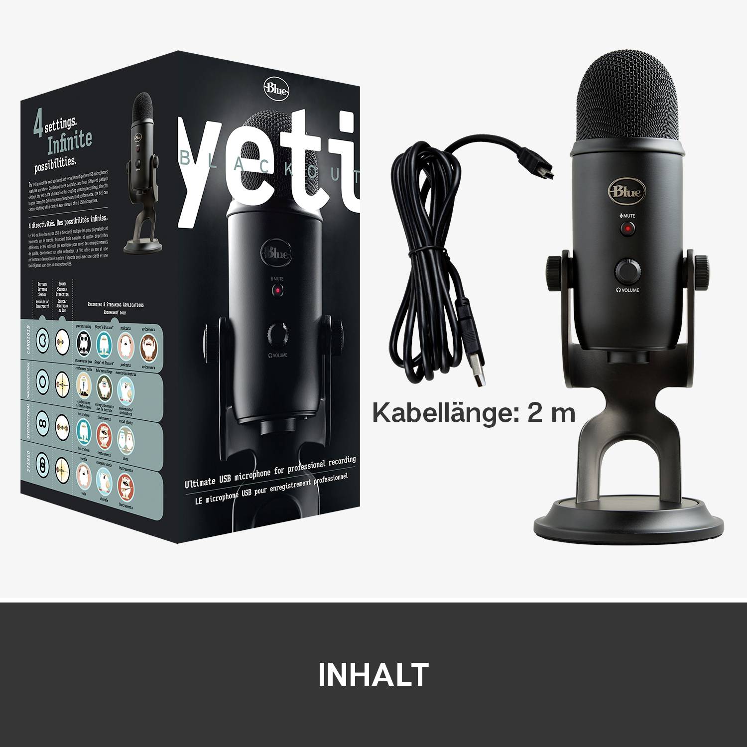'Blau' Mikrofon, Modell Yeti, mit 2 m Kabel. Verpackung zeigt Spezifikationen: 4 Modi, Plug & Play, kompatibel mit PC/MAC.