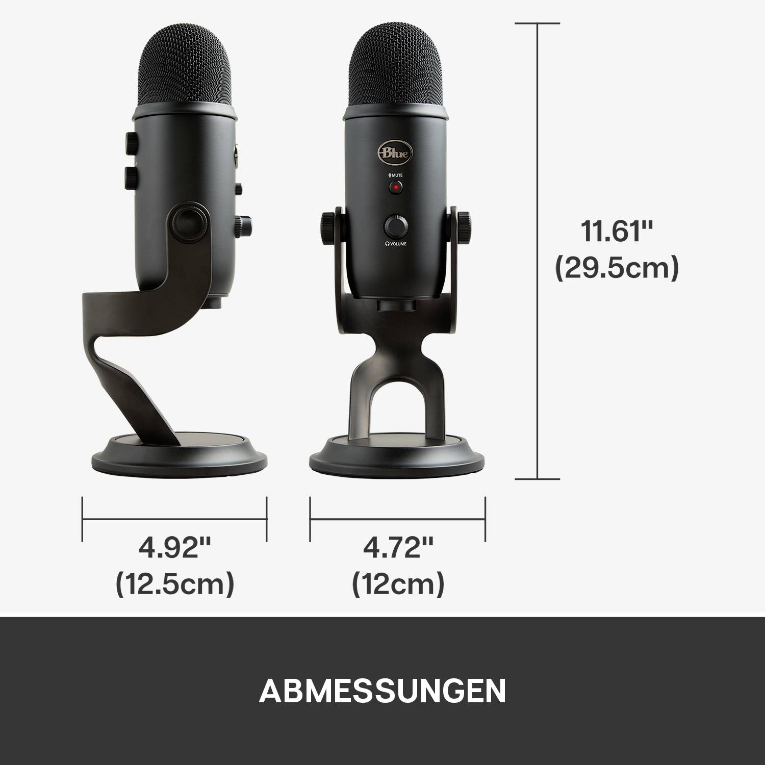 Mikrofon in seitlicher und vorderer Ansicht mit Abmessungen: Höhe 29,5 cm, Breite 12,5 cm (seitlich) und 12 cm (vorderseitig).