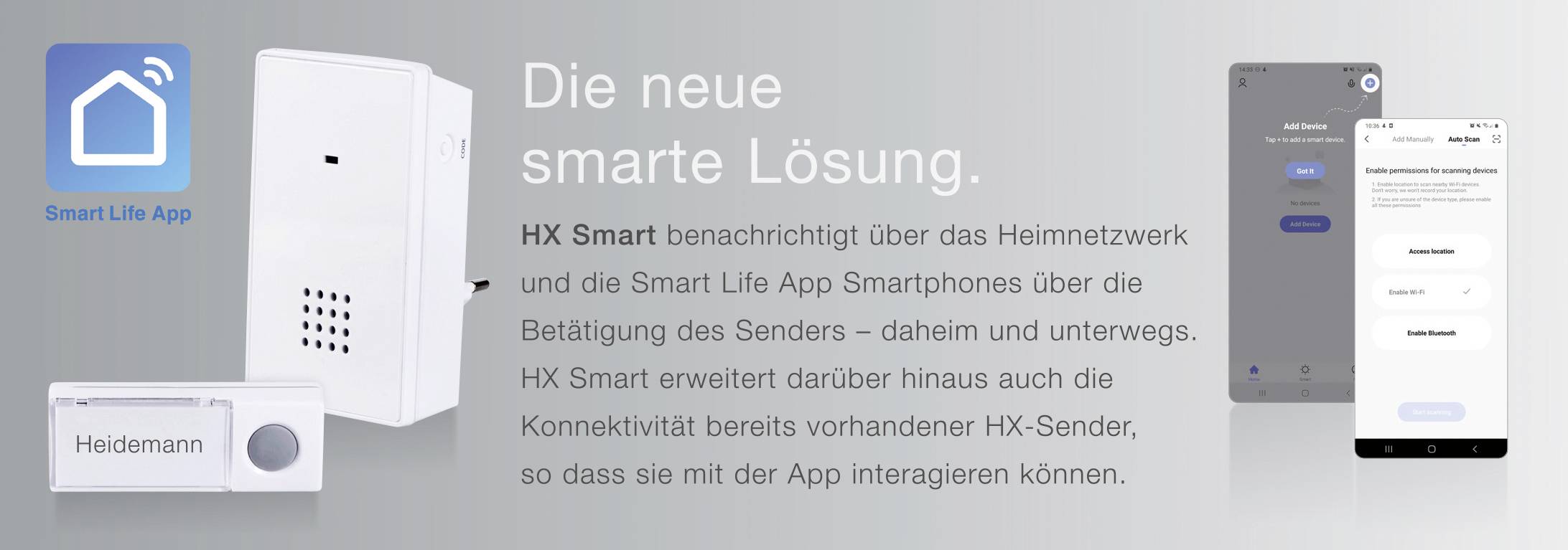 'Die neue smarte Lösung.' Text über die HX Smart-Funktionalitäten und App, mit Bildern eines Geräts, einer App-Oberfläche und einer Türklingel.