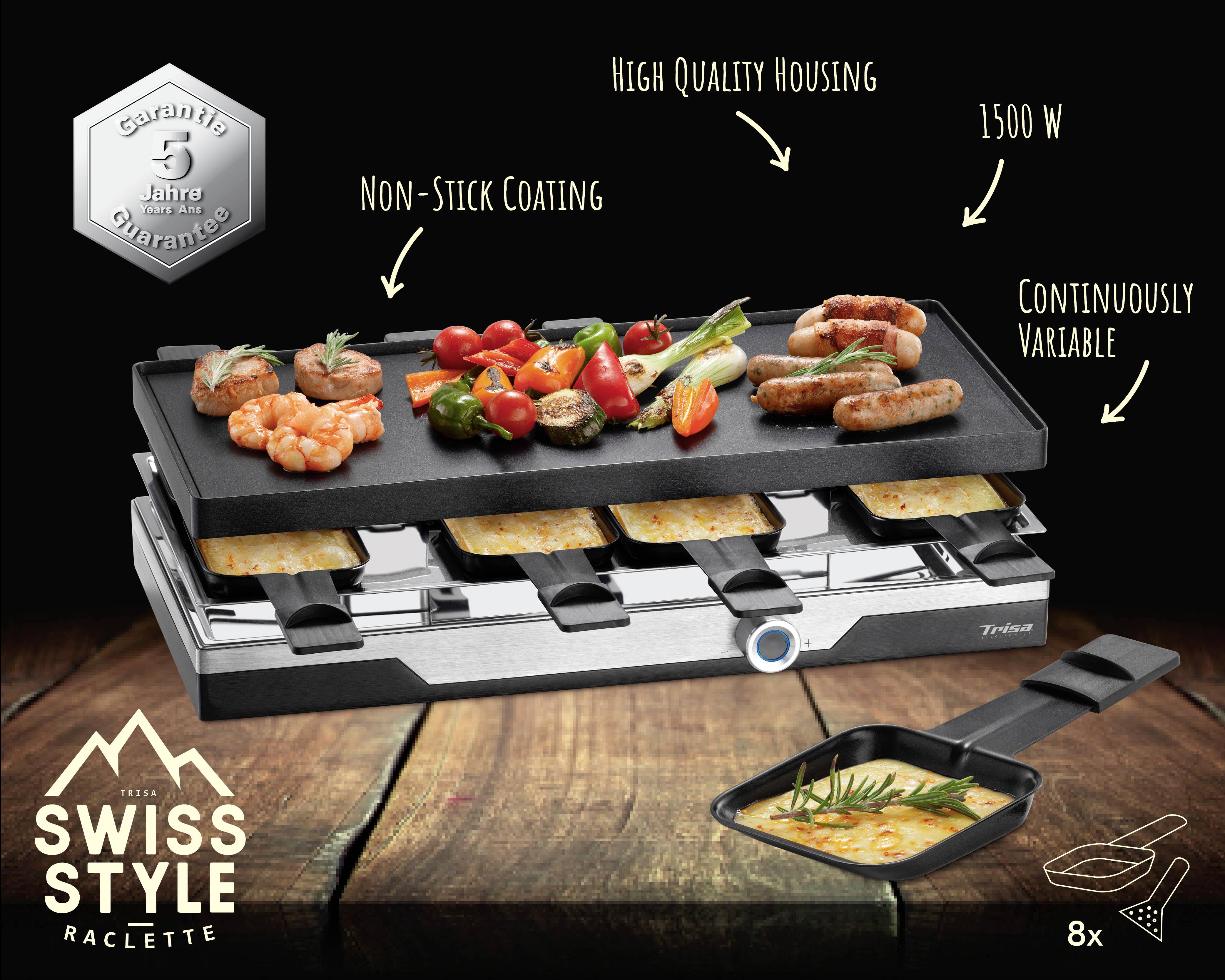Trisa 7610.7512 Raclette Antihaftbeschichtung, 8 Pfännchen, Kontrollleuchte, Grillfunktion Schwarz, Silber
