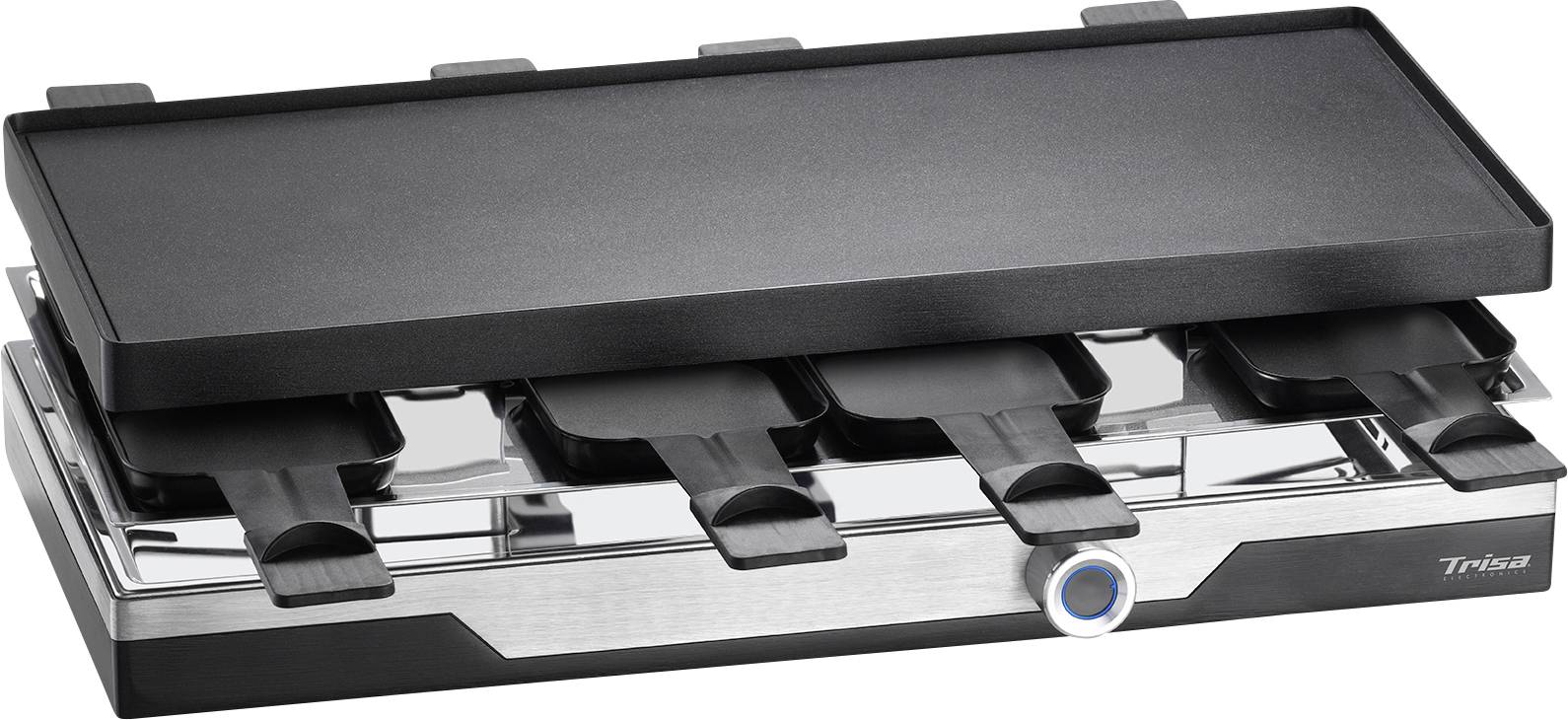 Trisa 7610.7512 Raclette Antihaftbeschichtung, 8 Pfännchen, Kontrollleuchte, Grillfunktion Schwarz, Silber