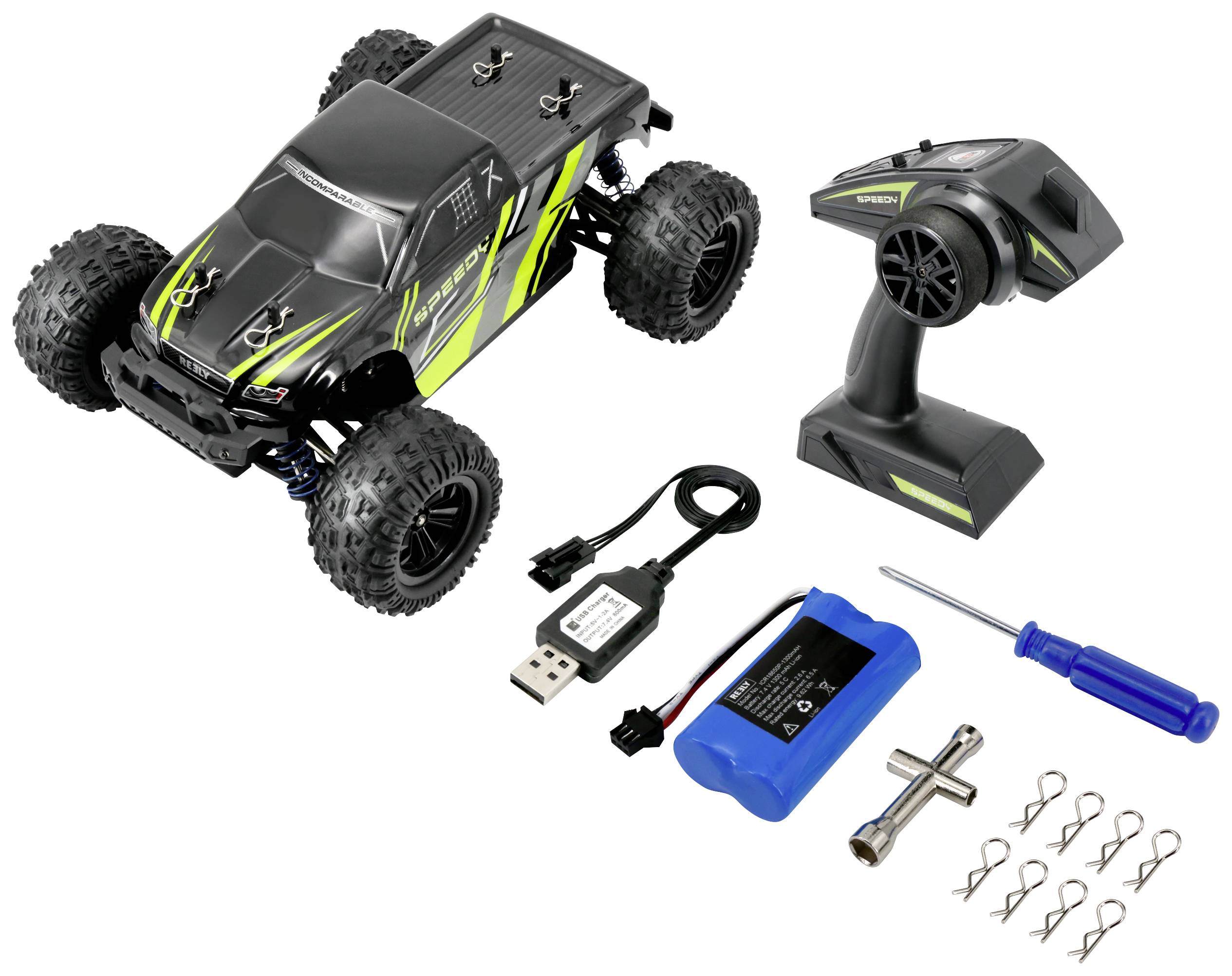 Reely Speedy Schwarz/Grün Brushed 1:18 RC Modellauto Elektro Monstertruck Allradantrieb (4WD) RtR 2,4GHz Inkl. Akku und Ladegerät