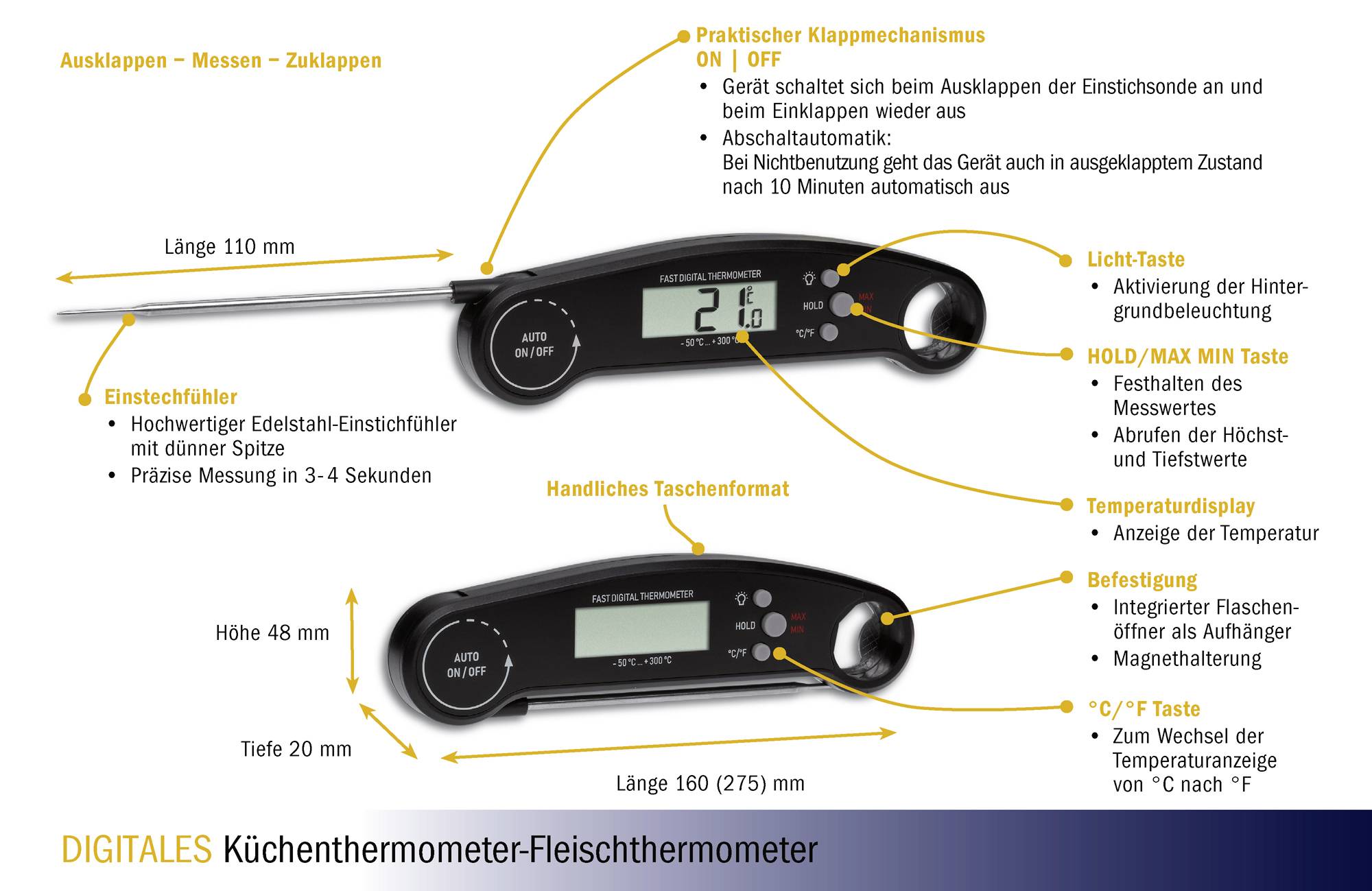 TFA Dostmann 30.1061.01 Küchen-Thermometer °C /°F-Anzeige, Babykost, Backen, Braten, Burger, Fett, Flüssige Stoffe, Geflügel