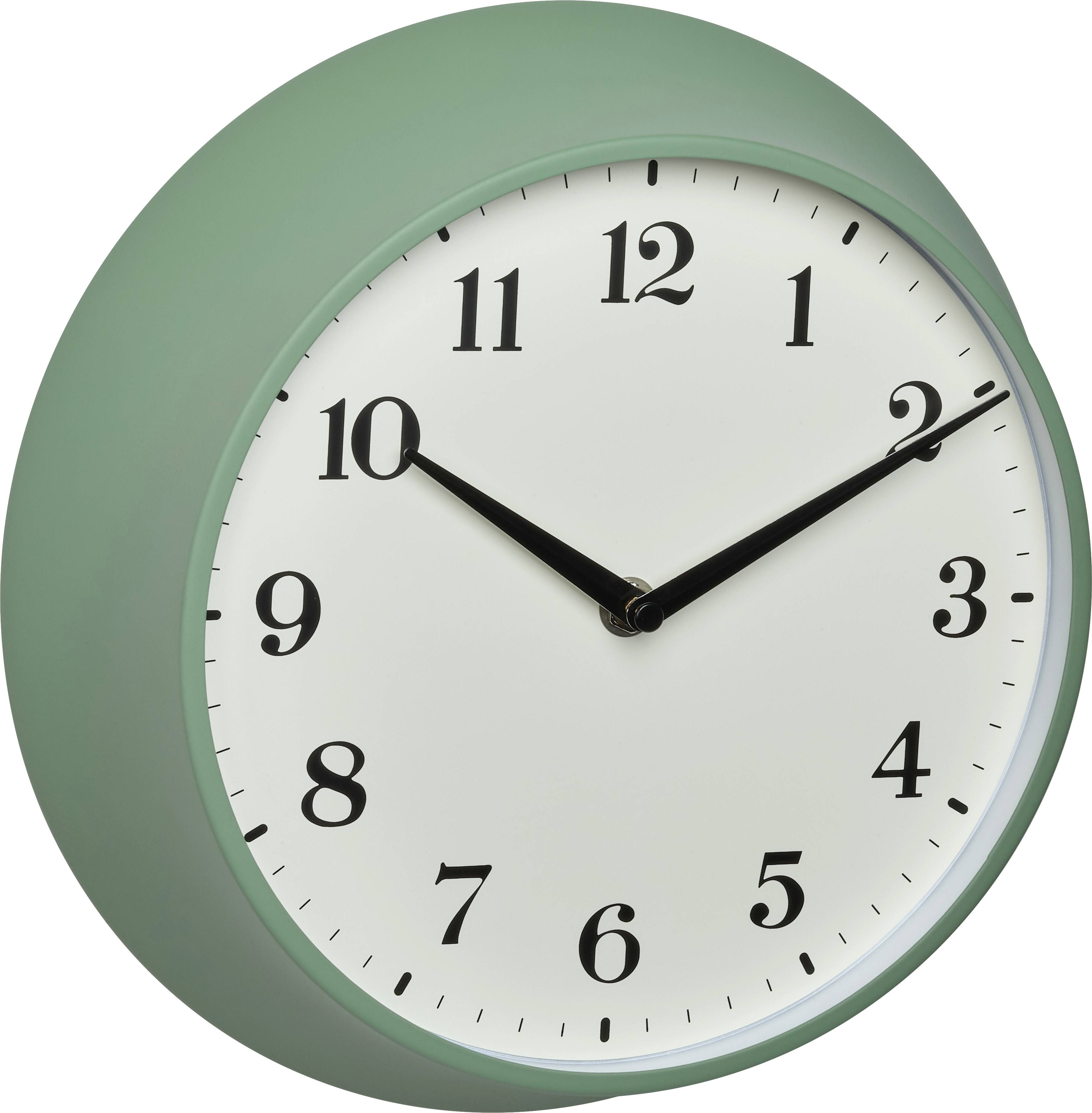 Eine grüne Wanduhr zeigt 10:10 Uhr.