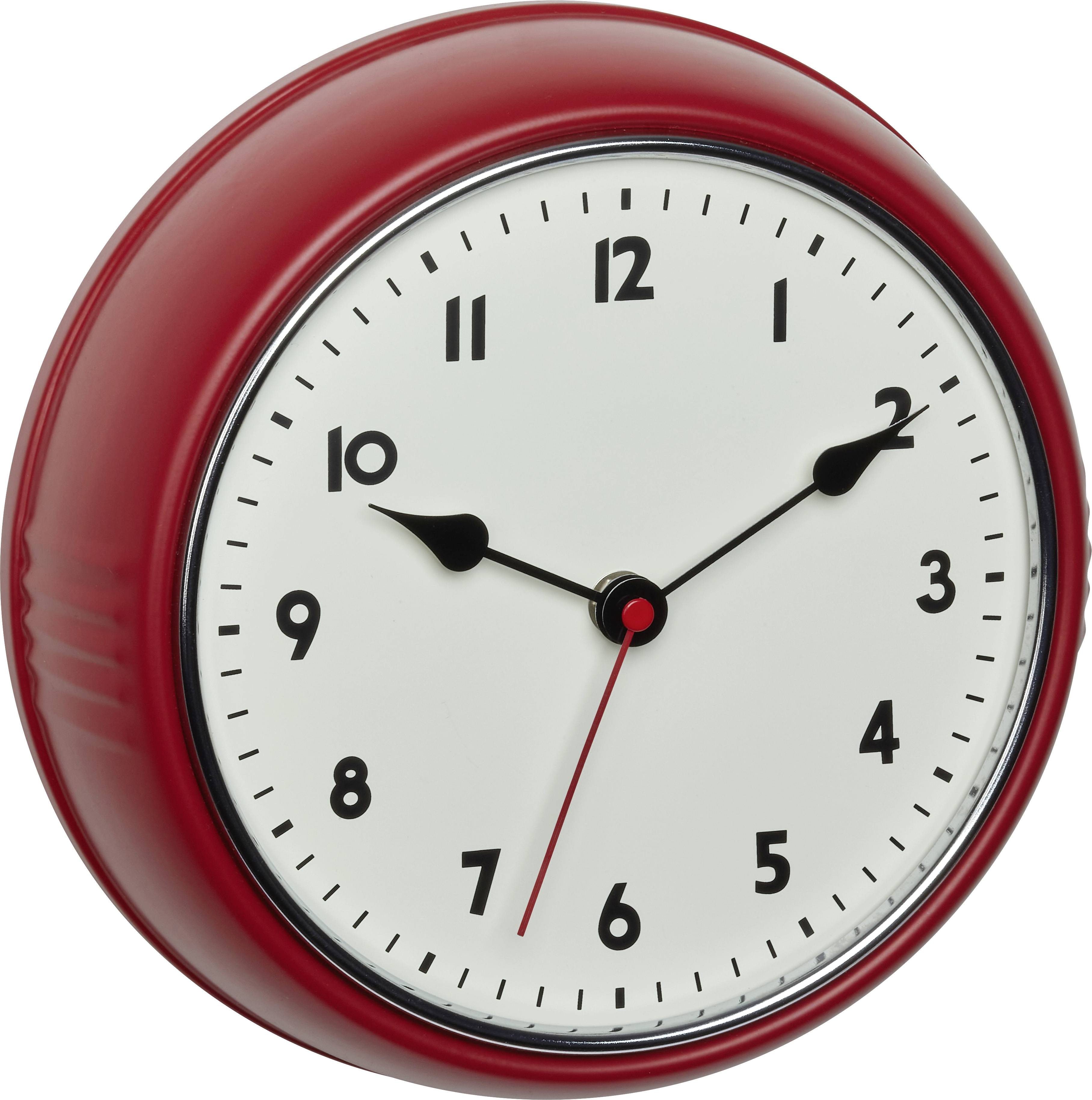 Eine rote Wanduhr zeigt 10:09 Uhr.
