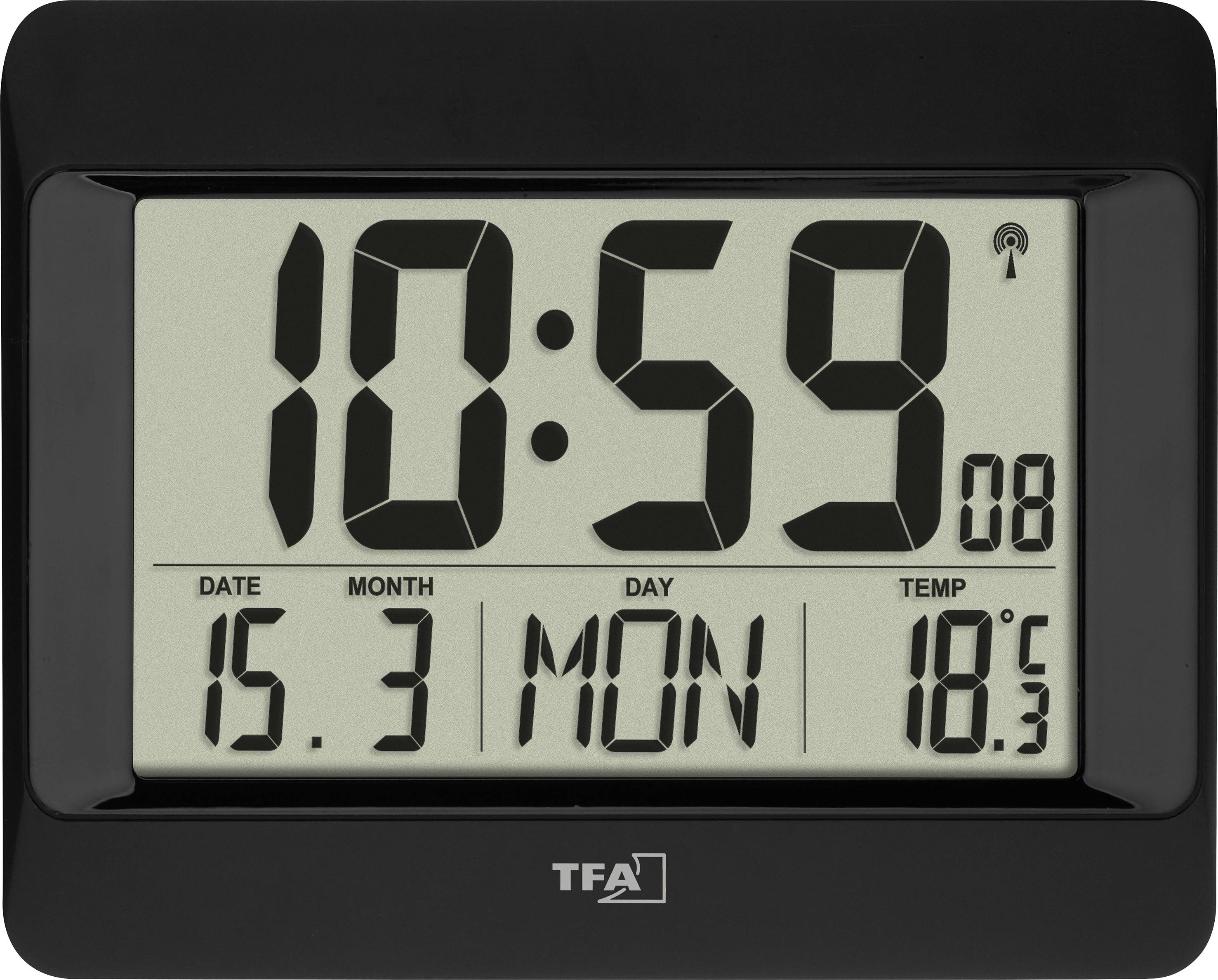 Digitale Uhr zeigt 10:59. Darunter Datum '15.3', Wochentag 'MON' und Temperatur '18,5°'.