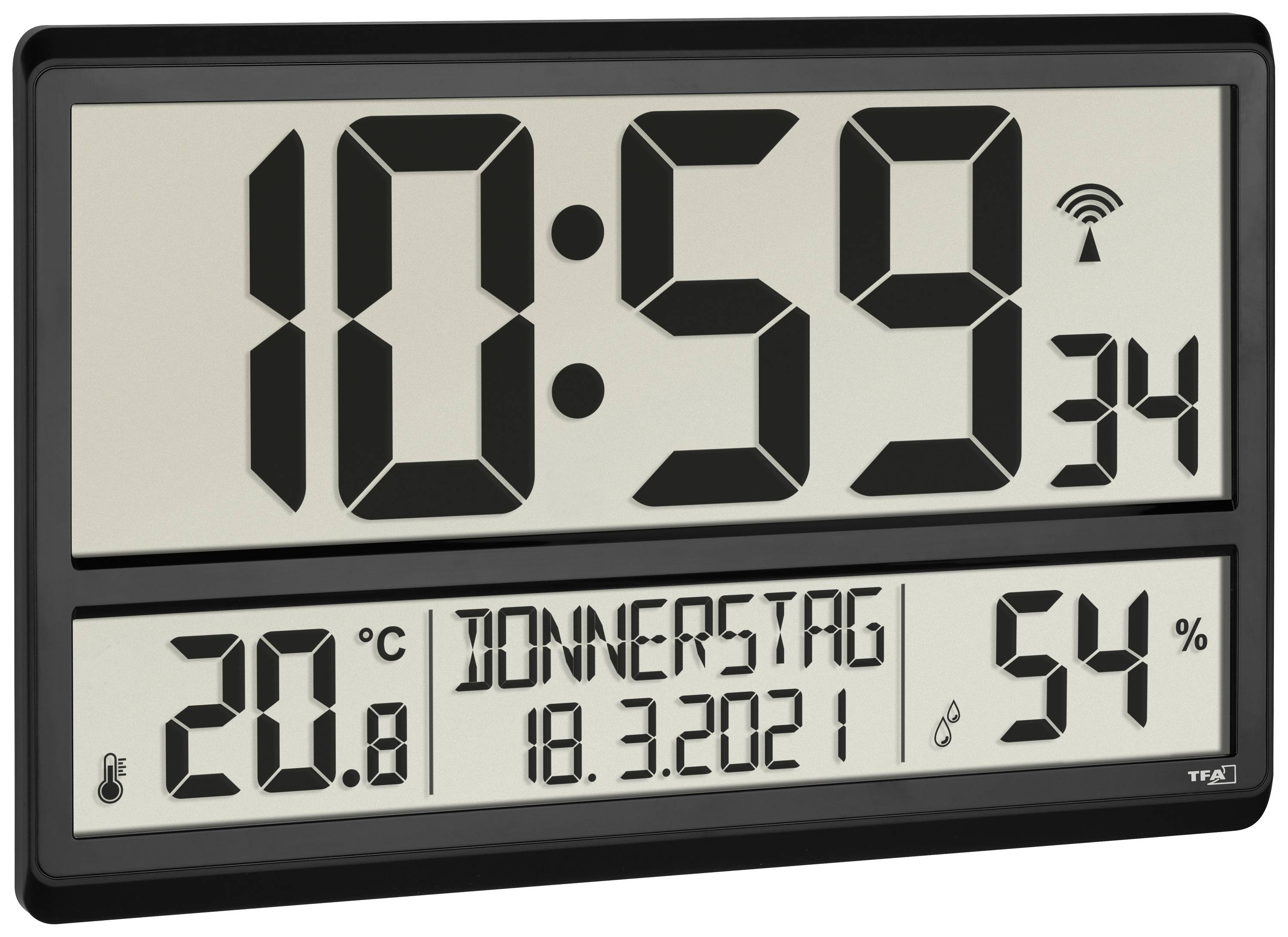 Digitale Wanduhr zeigt '10:59', Datum '18.3.2021', Tag 'Donnerstag', Temperatur '20,8°C', und Luftfeuchtigkeit '54%'.