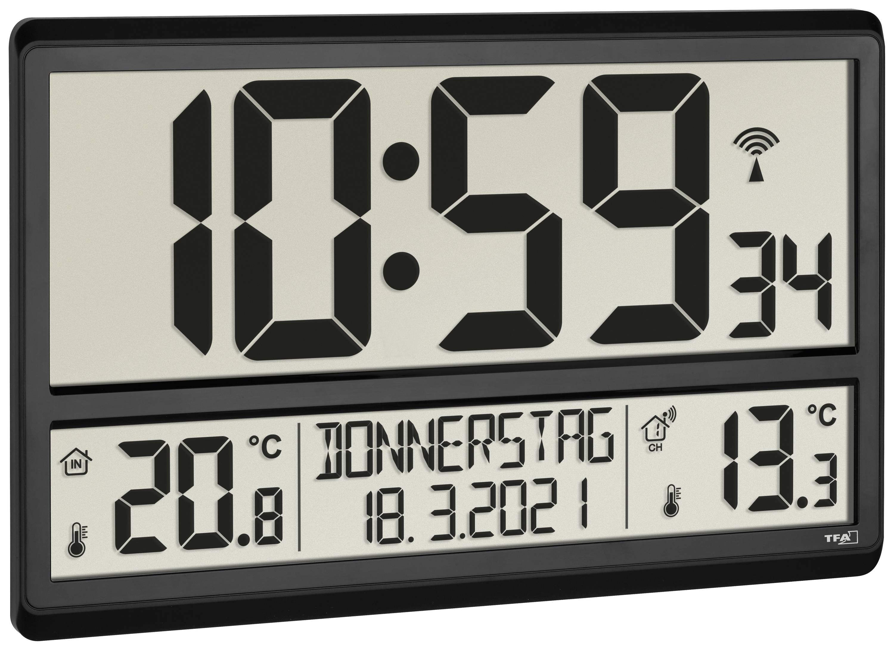 Digitaluhr zeigt '10:59', Wochentag 'Donnerstag', Datum '18.3.2021', Temperatur 20,8°C innen und 19,3°C außen.