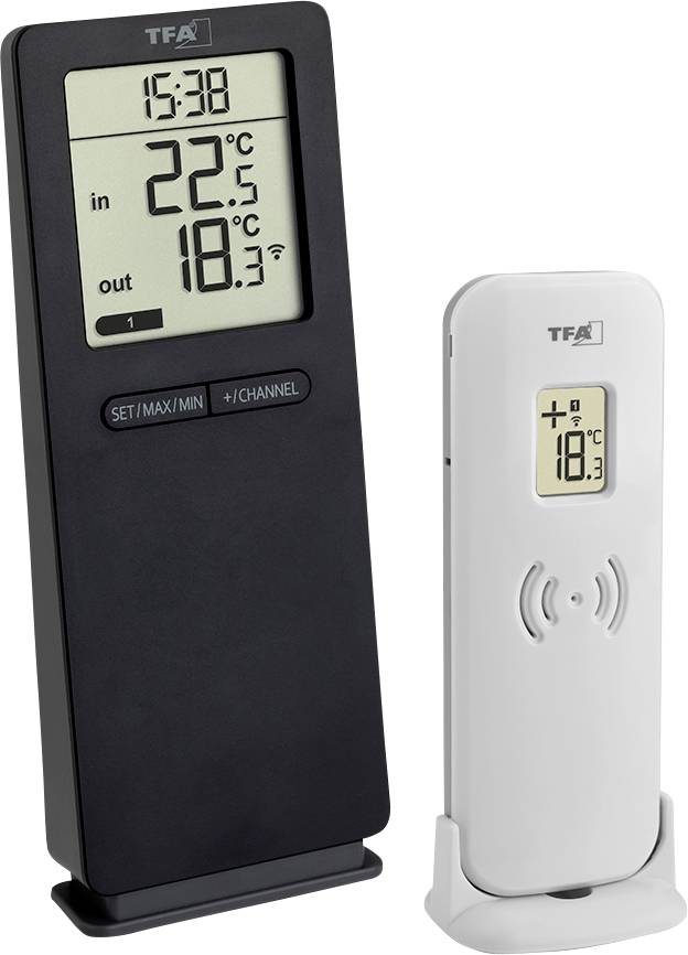 Zwei digitale Thermometer. Links: Großes Display mit Innen- (22,5°C) und Außentemperatur (18,3°C), Uhrzeit (15:38). Rechts: Kleines Außensensorgerät (19,8°C).