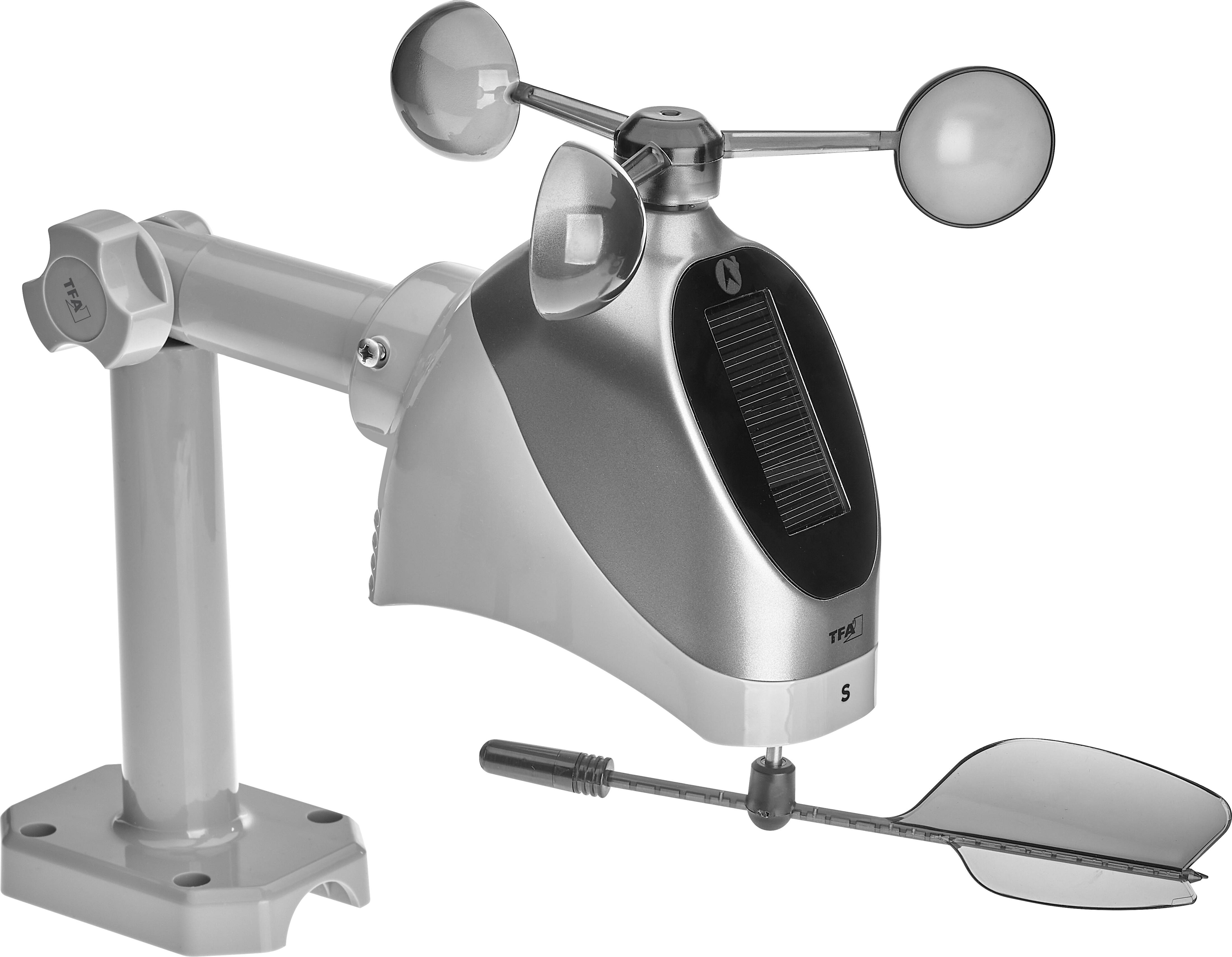 Silbernes Anemometer mit zwei Schalen und einem Solarpanel auf einem Standfuß. Wird zur Messung des Windes verwendet.