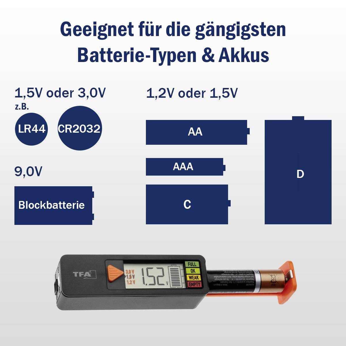 TFA Dostmann Batterietester Batterietester BatteryCheck Messbereich (Batterietester) 1,2 V, 1,5 V, 3 V, 9 V Akku, Batterie 98.1126.01