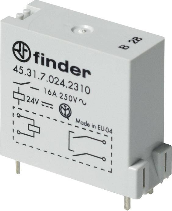 Graues Relais von Finder mit der Beschriftung '45.31.7.024.2310'. Geeignet für 16A, 250V. Zeigt Schaltsymbole und Herkunft 'Made in EU-04'.