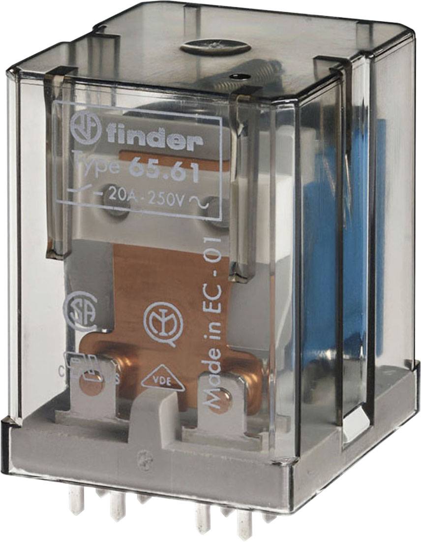 Ein transparentes Relais mit der Aufschrift 'Finder Type 65.61 20A 250V', zeigt sichtbare interne Komponenten und Metallstifte unten.