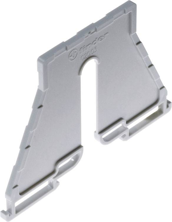 Grauer Kunststoff-Separator zur Trennung von Komponenten in einer elektrischen Schalttafel, mit gebrandetem Logo und Seriennummer.