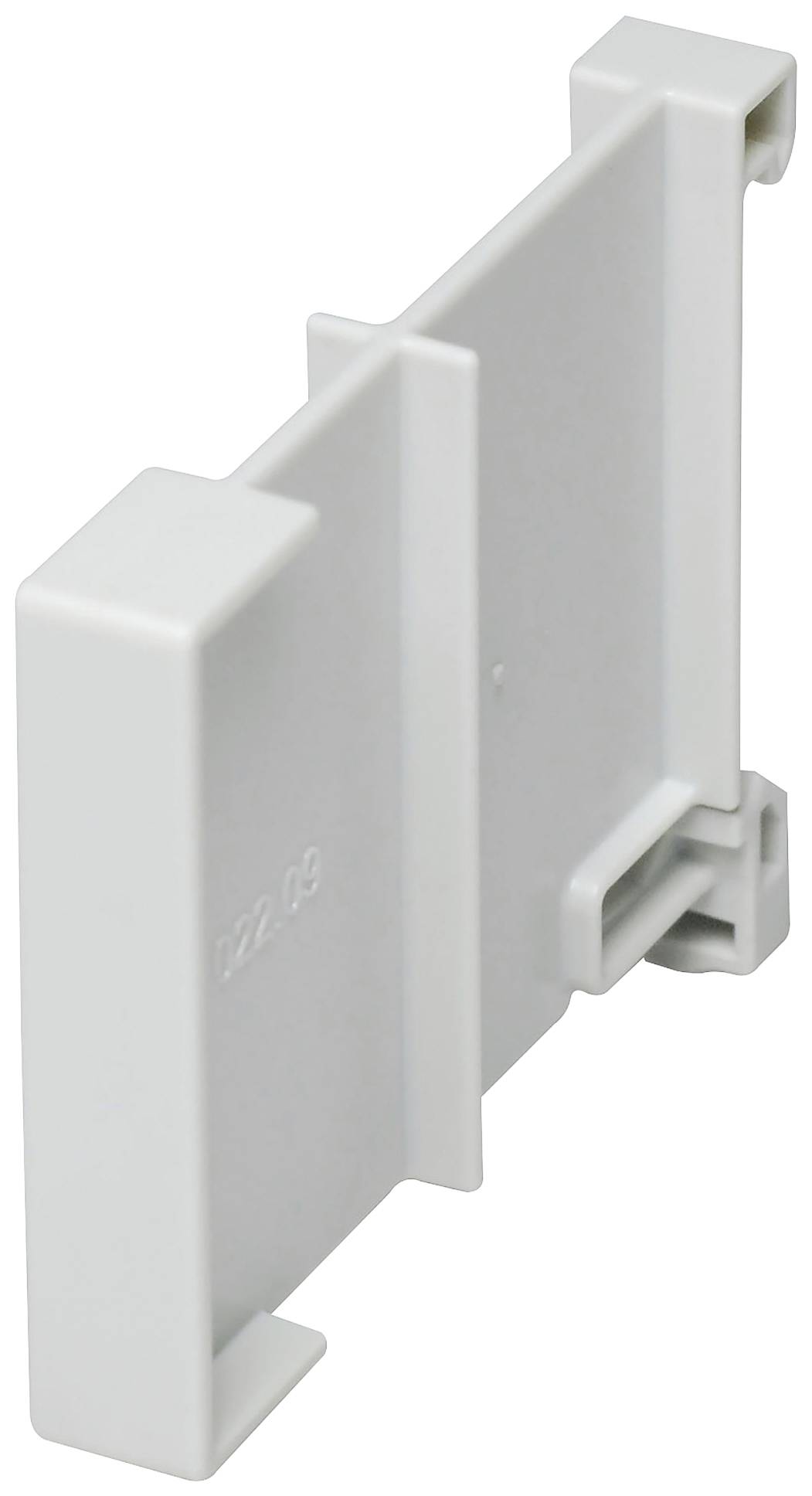 Graues Kunststoff-Endstück mit Klemmen, zum Abschluss von elektrischen Schaltschränken, kompatibel mit DIN-Schienenmontage.