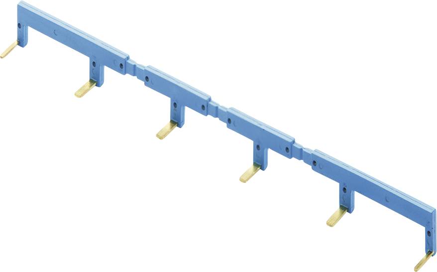 Ein blauer Phasenschiene mit mehreren Kupferstiften zum Verdrahten elektrisch in einer Verteilerleiste.